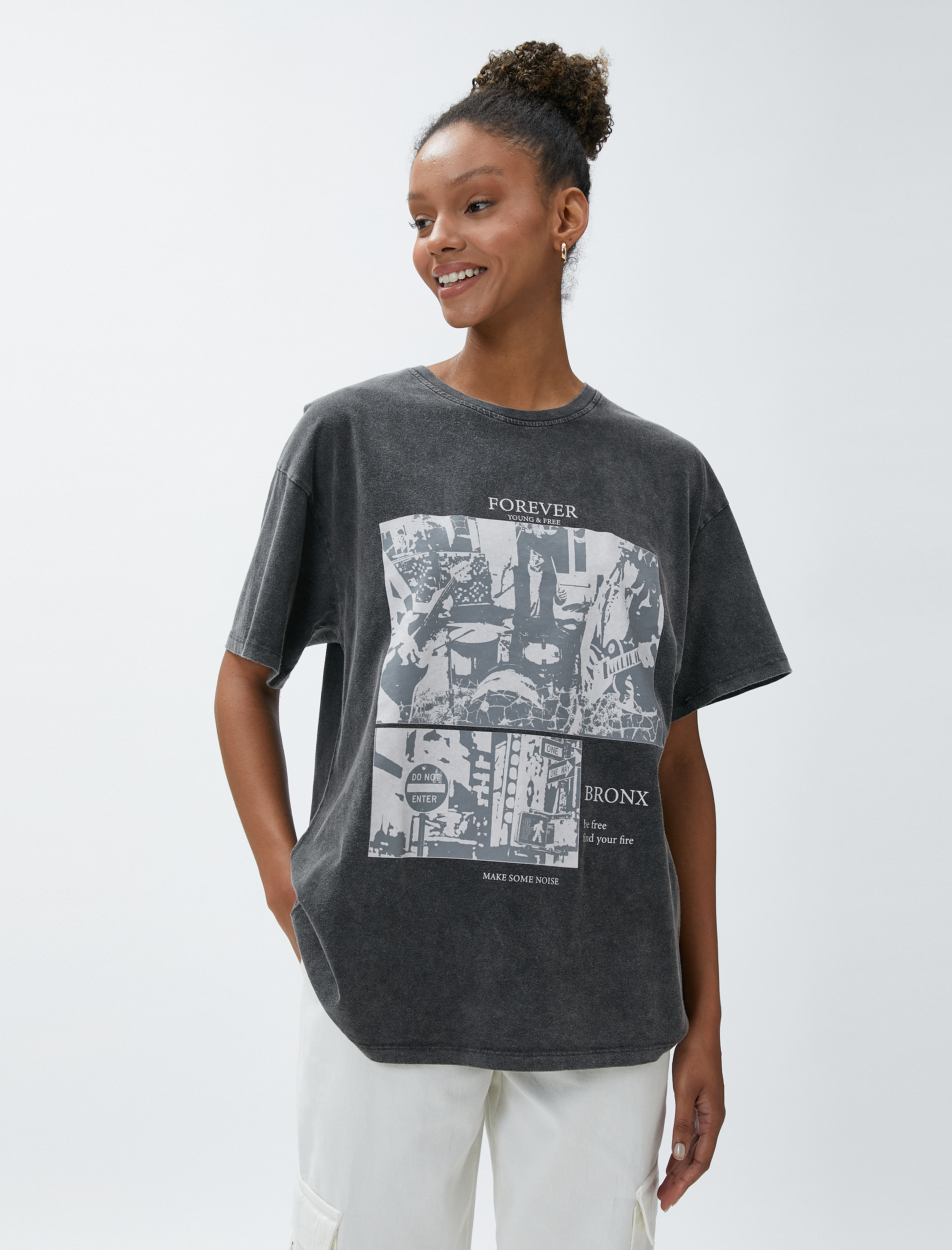   Oversize Tişört Baskılı Bisiklet Yaka Kısa Kollu Pamuklu