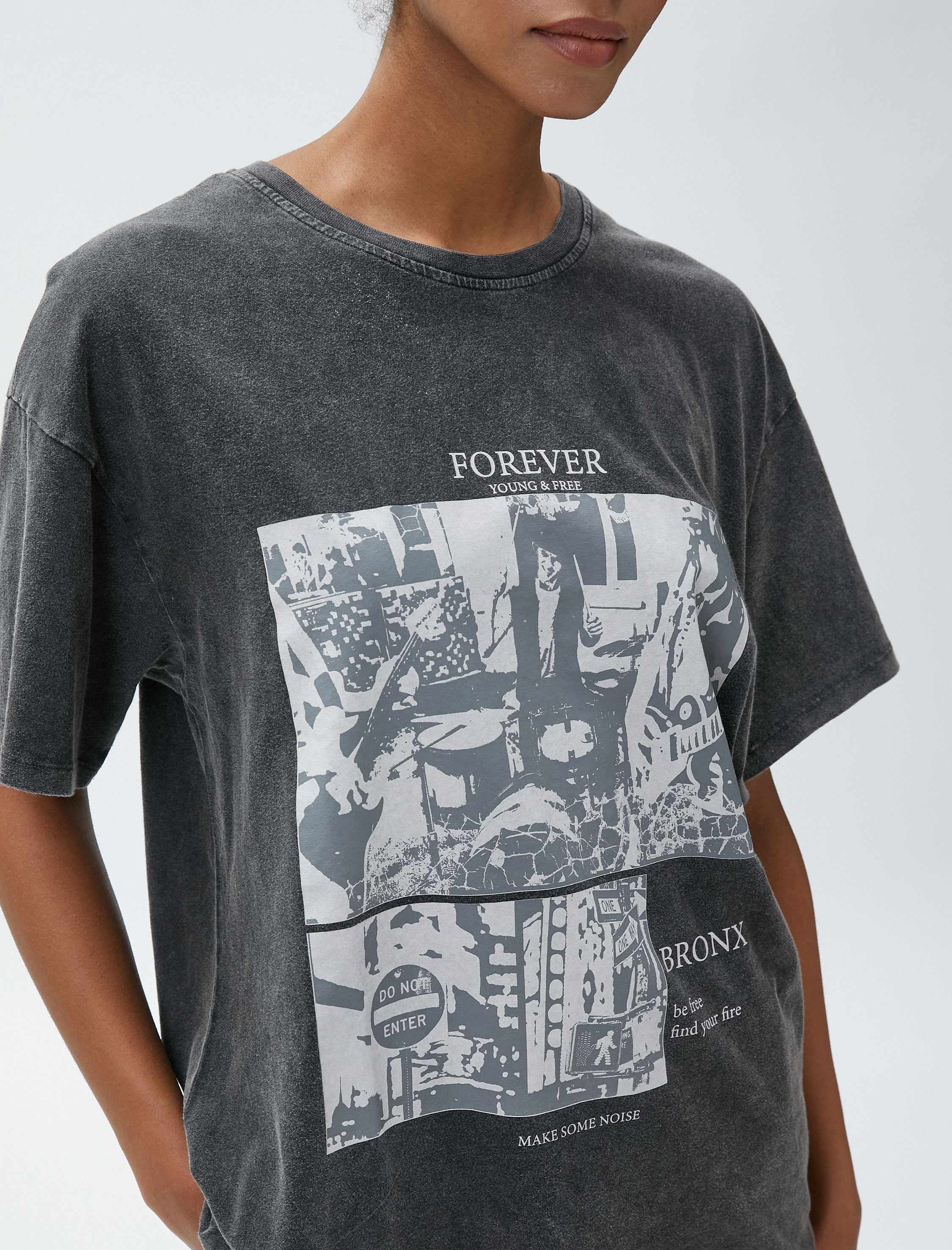   Oversize Tişört Baskılı Bisiklet Yaka Kısa Kollu Pamuklu