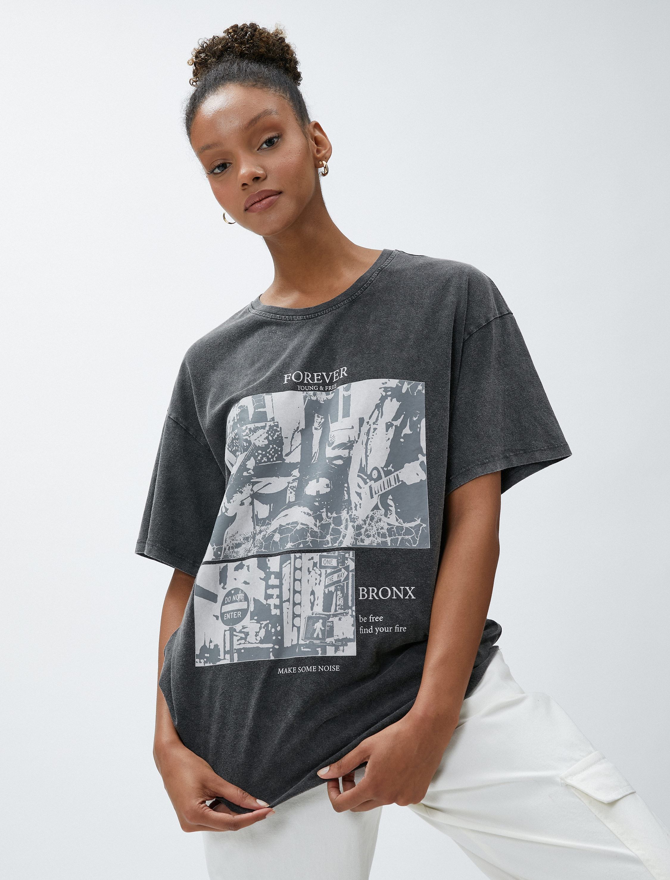   Oversize Tişört Baskılı Bisiklet Yaka Kısa Kollu Pamuklu