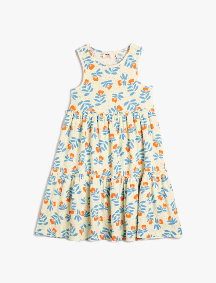 Kız Çocuk Elbise Midi Boy Kolsuz Bisiklet Yaka Çiçekli Katlı