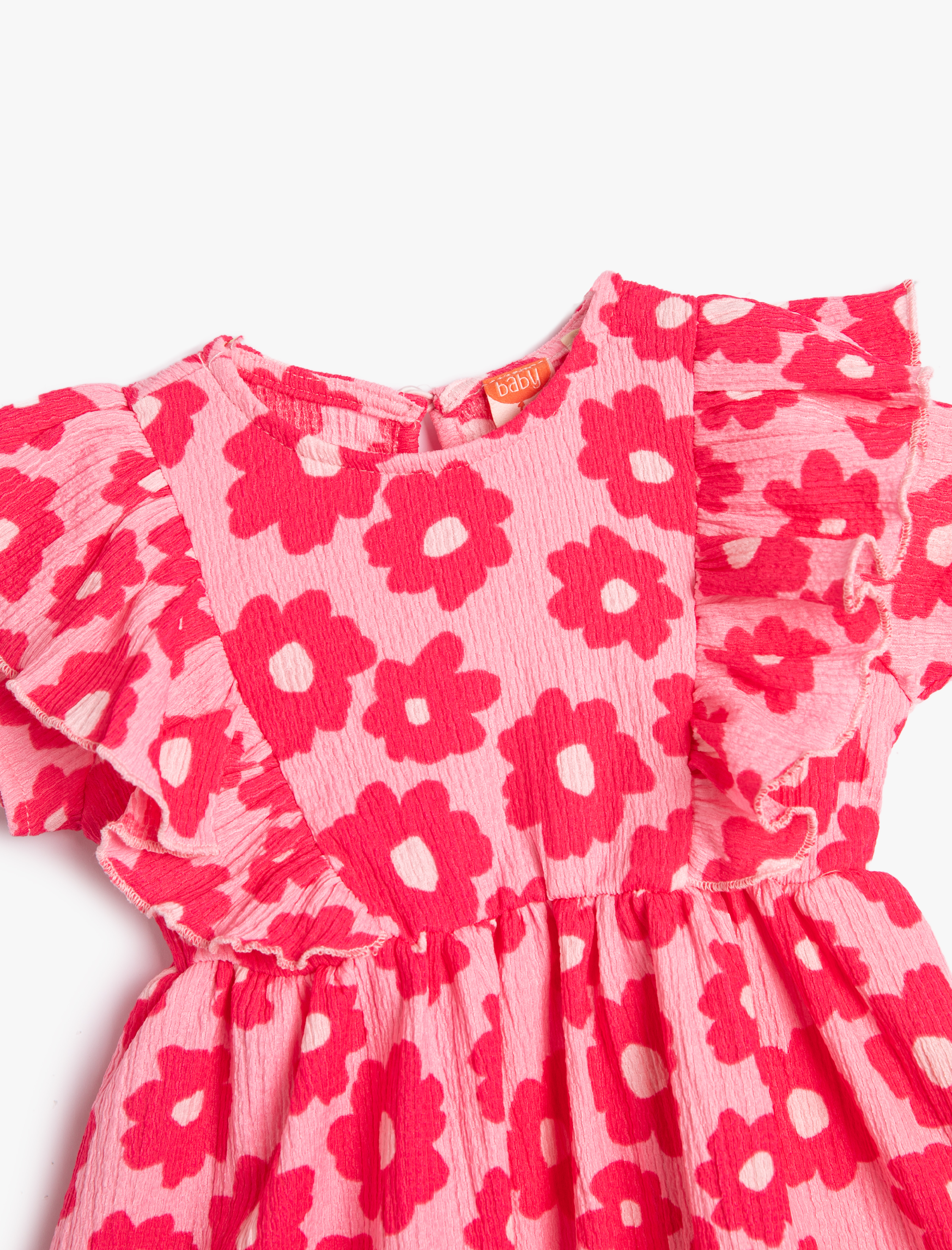  Kız Bebek Çiçekli Elbise Fırfırlı Kısa Kollu Yuvarlak Yaka Dokulu