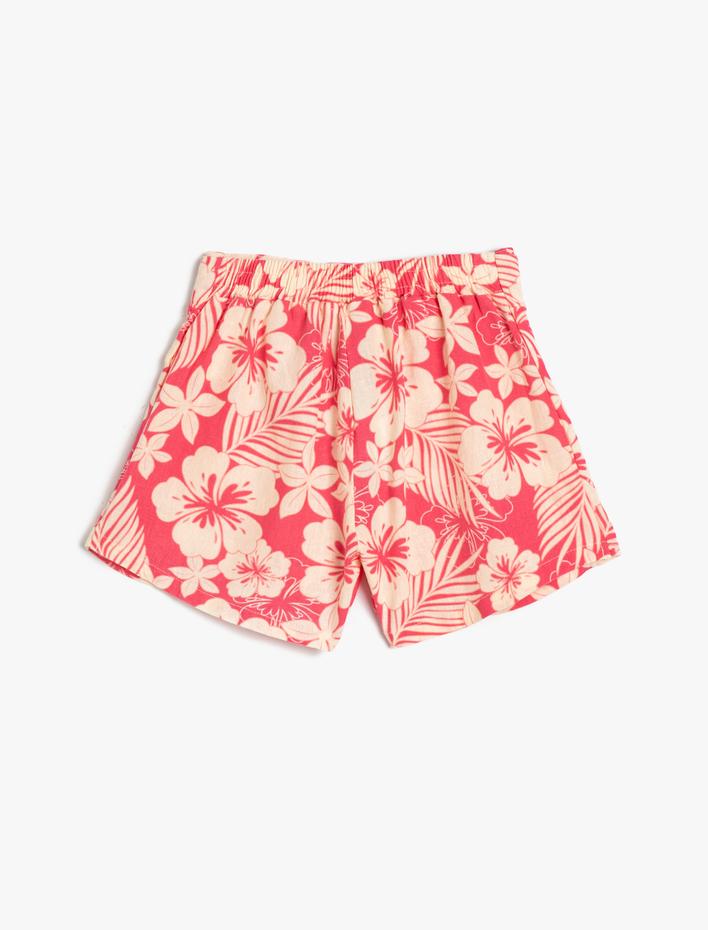 Kız Çocuk Keten Şort Çiçekli Beli Lastikli