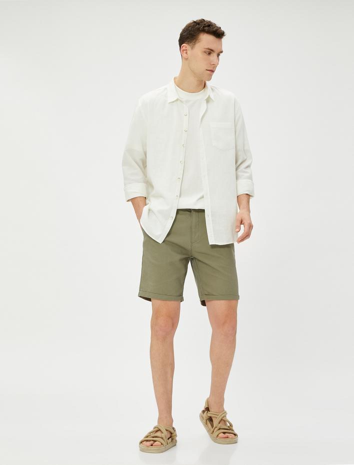  Keten Karışımlı Şort Bermuda Beli Bağcıklı Düğmeli Cep Detaylı