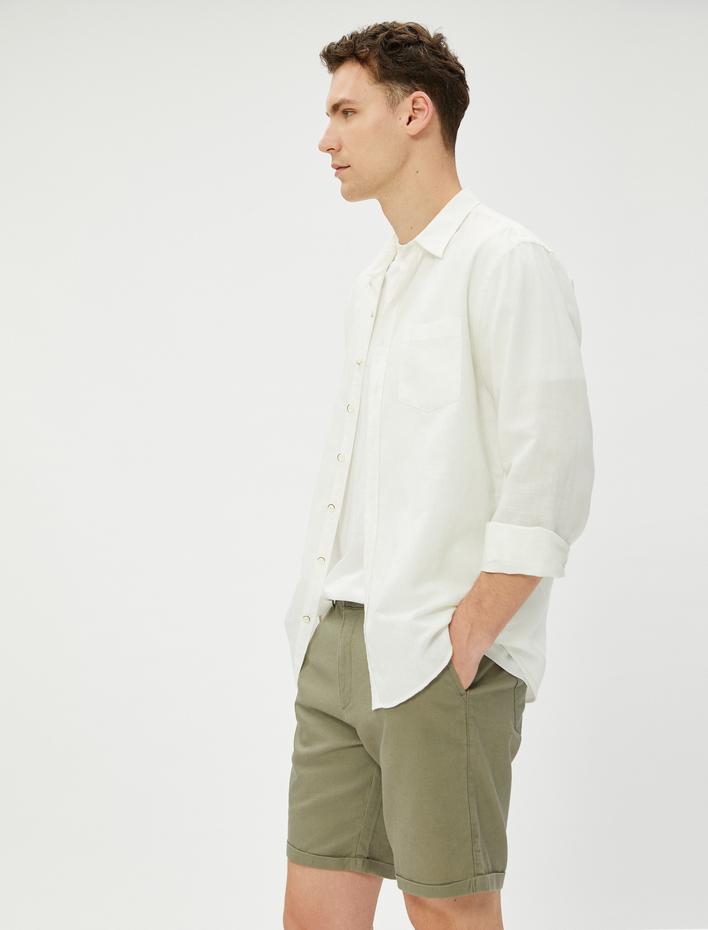  Keten Karışımlı Şort Bermuda Beli Bağcıklı Düğmeli Cep Detaylı