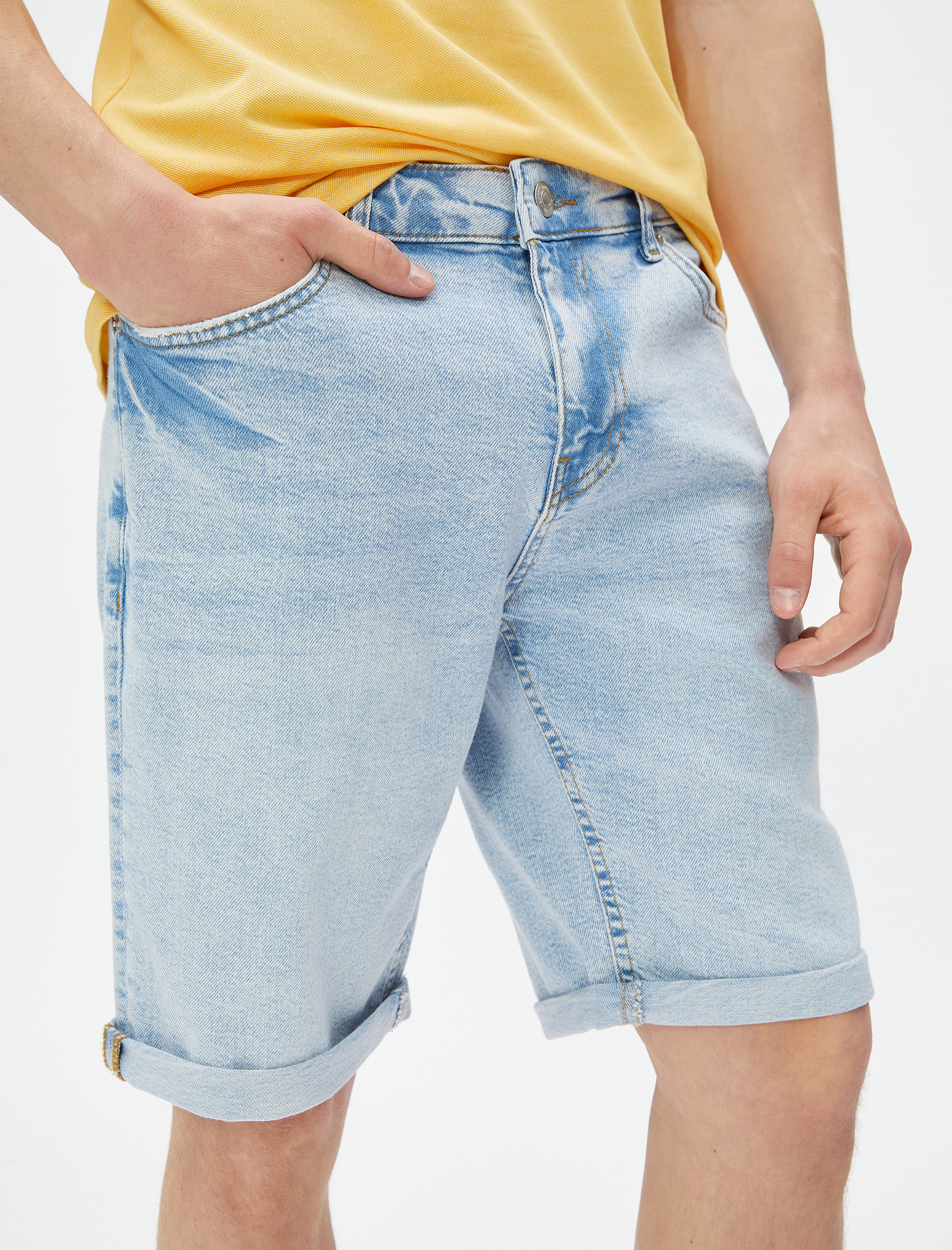   Bermuda Kot Şort Katlama Detaylı Cepli Pamuklu