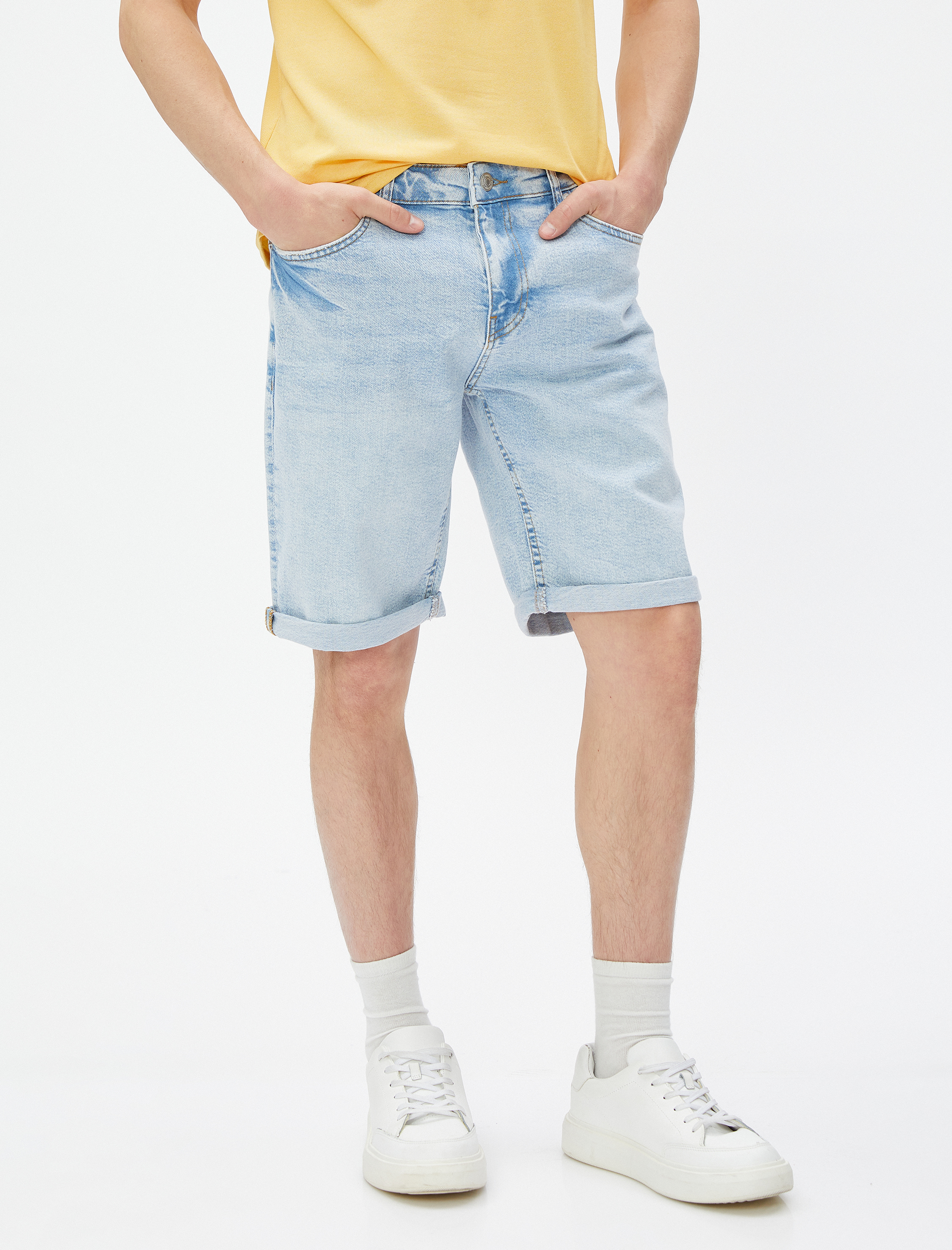   Bermuda Kot Şort Katlama Detaylı Cepli Pamuklu