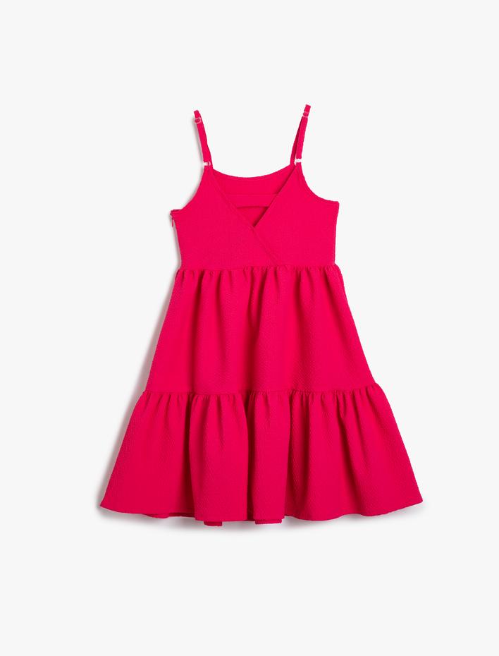 Kız Çocuk Elbise Midi Boy İnce Askılı Volanlı Dokulu