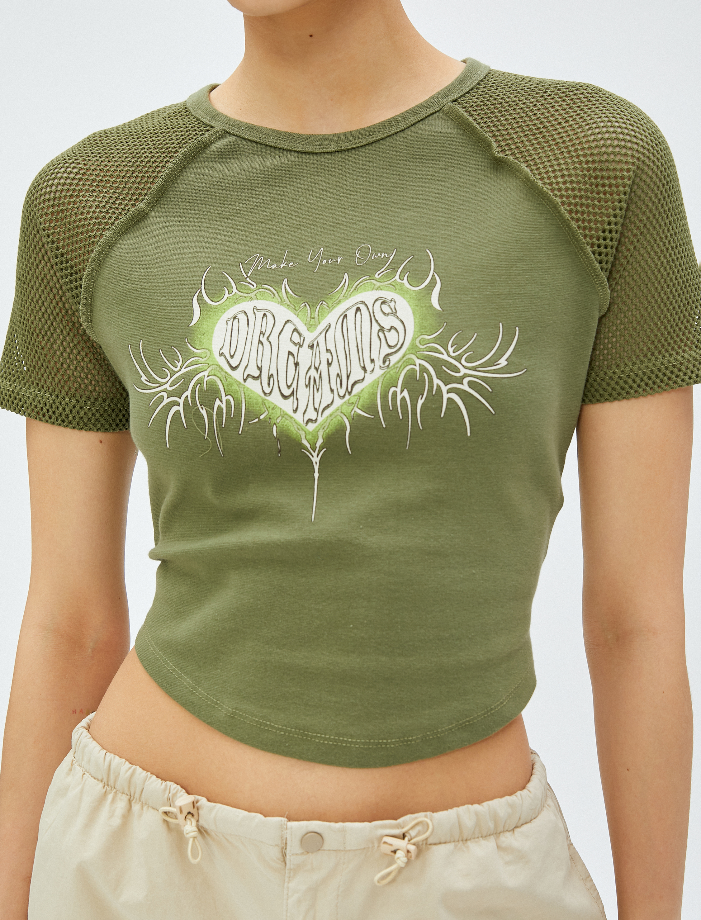   Crop Tişört Baskılı File Detaylı Bisiklet Yaka Pamuklu