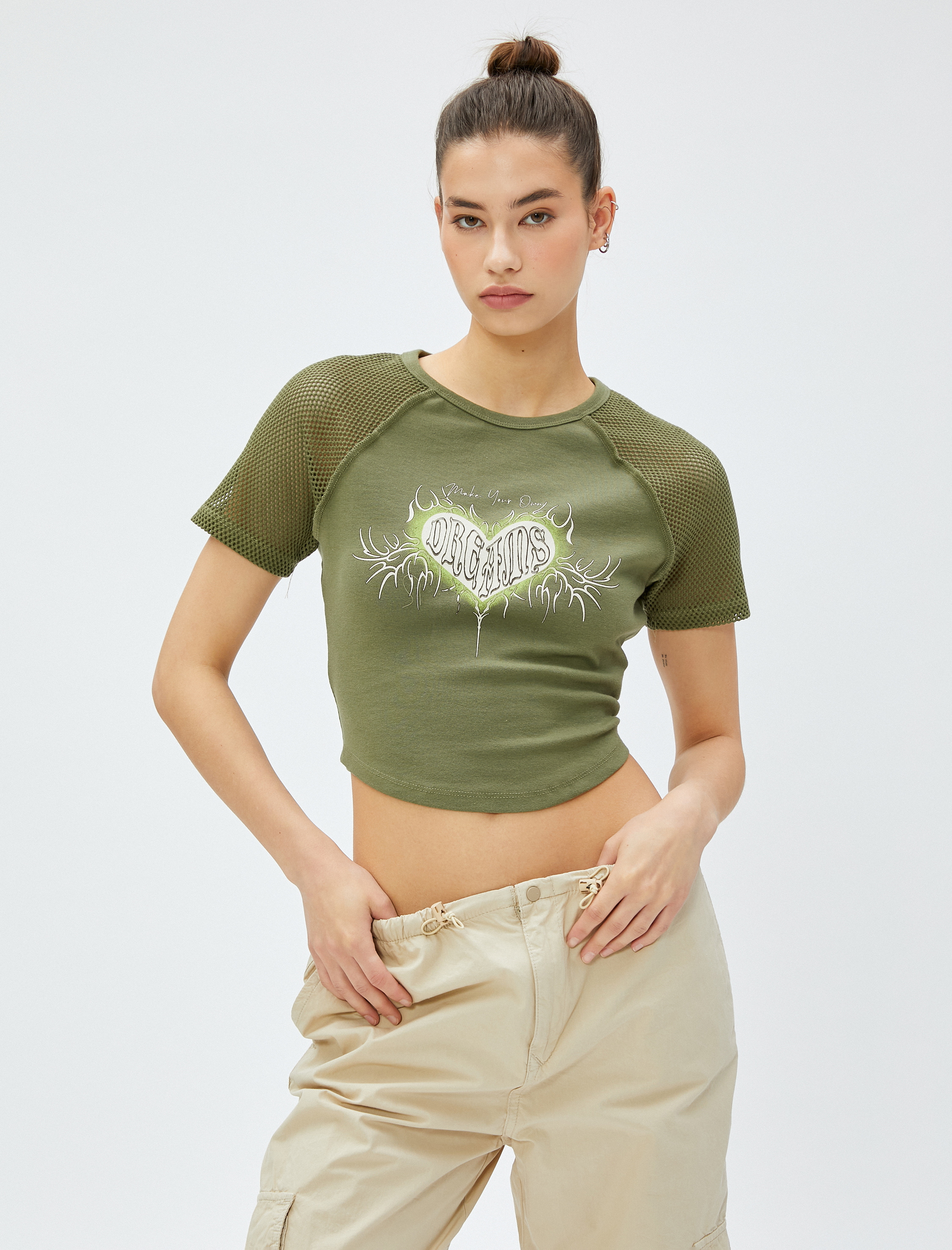   Crop Tişört Baskılı File Detaylı Bisiklet Yaka Pamuklu