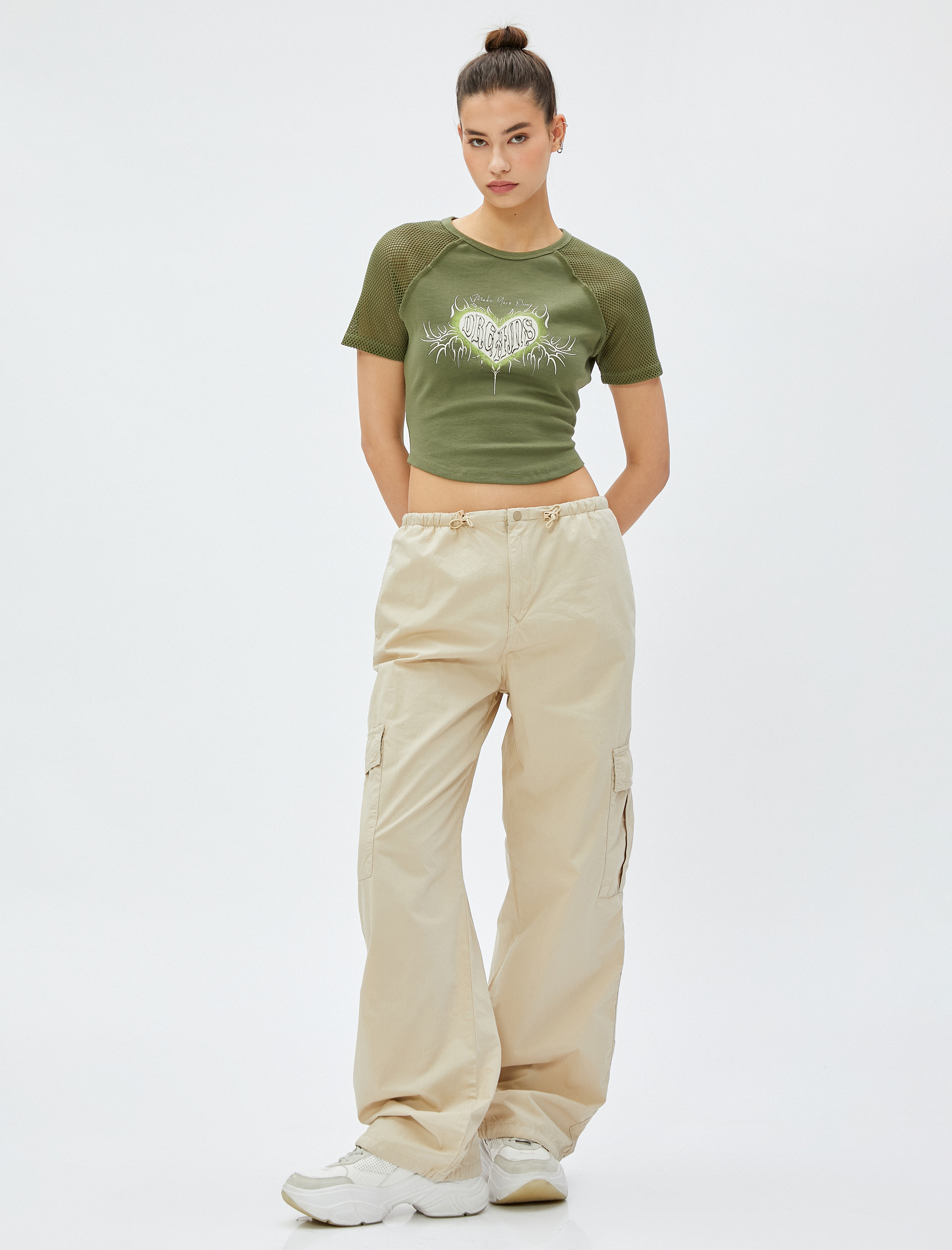   Crop Tişört Baskılı File Detaylı Bisiklet Yaka Pamuklu