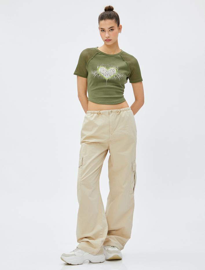  Crop Tişört Baskılı File Detaylı Bisiklet Yaka Pamuklu