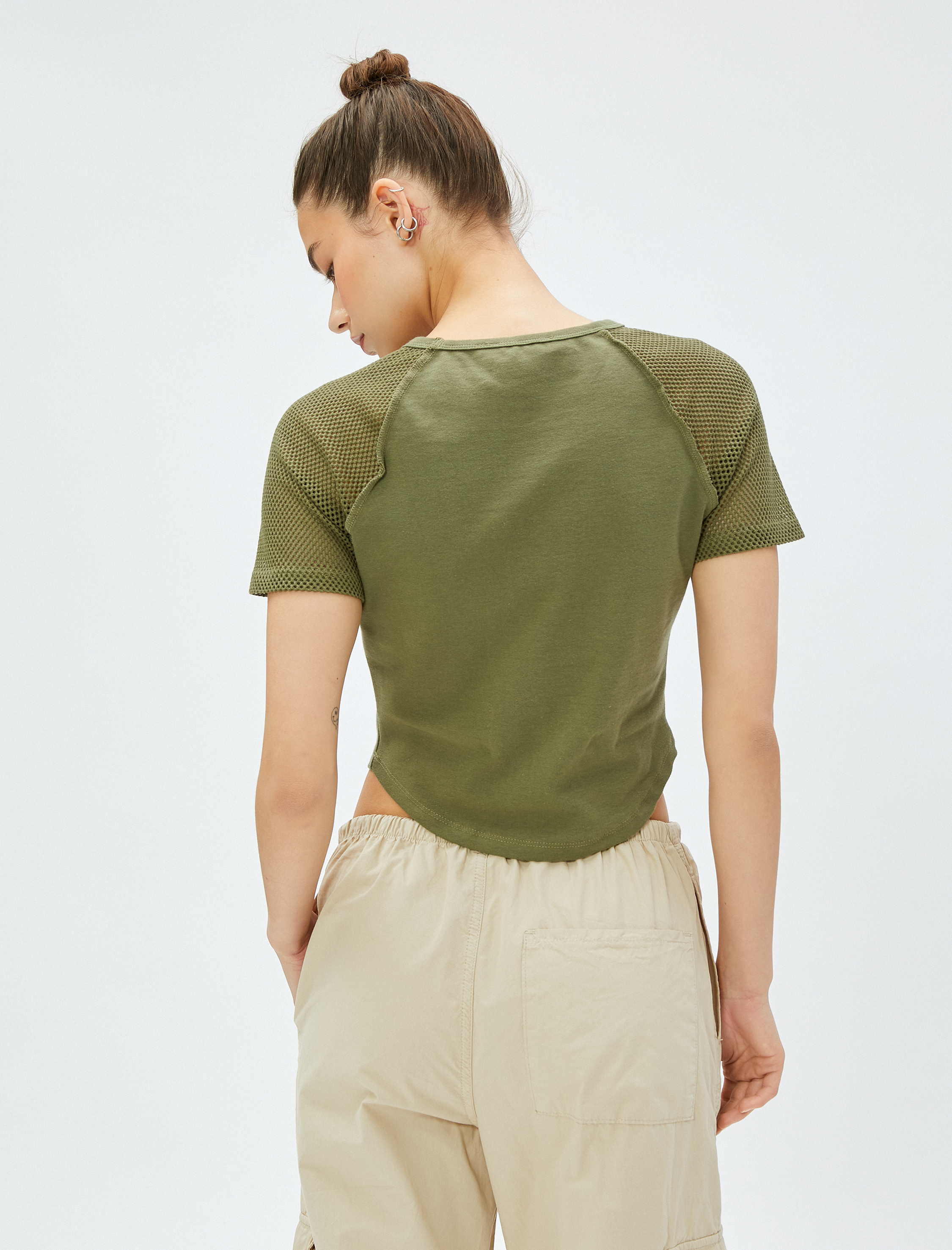   Crop Tişört Baskılı File Detaylı Bisiklet Yaka Pamuklu