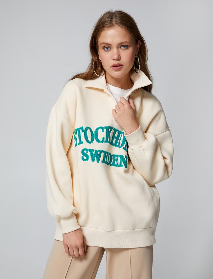  Şardonlu Polo Yaka Oversize Sweatshirt Nakışlı Ribanalı Uzun Kollu