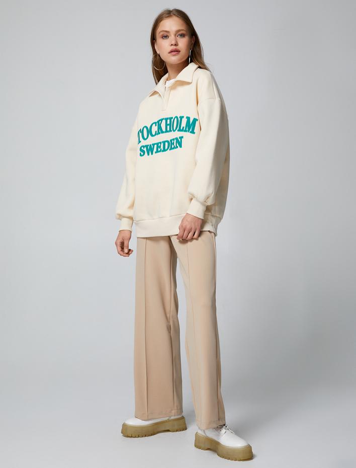  Şardonlu Polo Yaka Oversize Sweatshirt Nakışlı Ribanalı Uzun Kollu