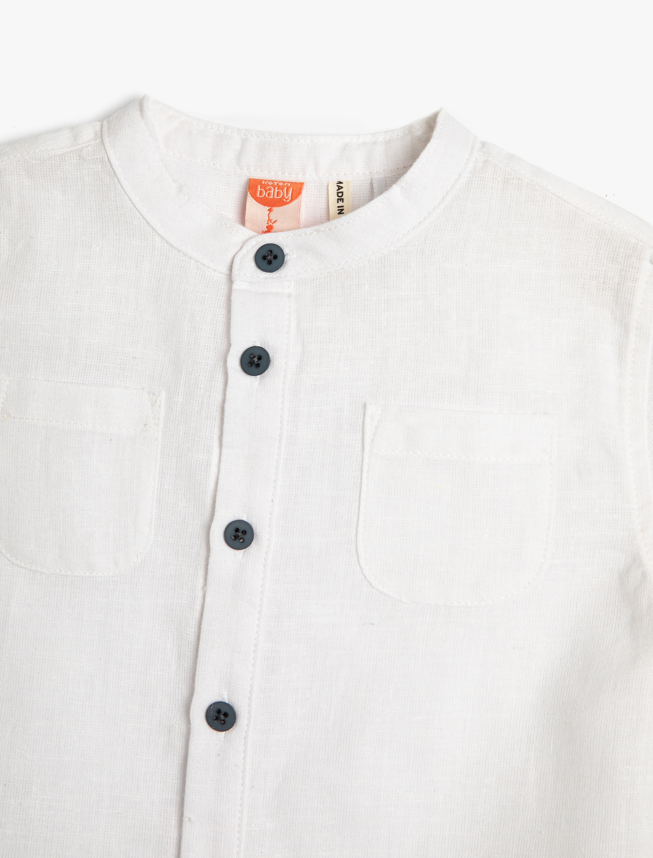  Erkek Bebek Gömlek Dik Yaka Kısa Kollu Cepli Pamuklu
