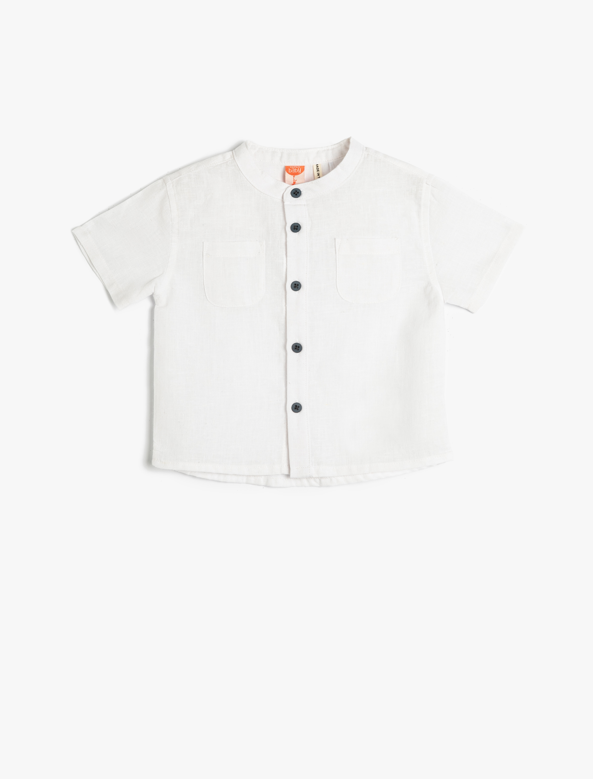  Erkek Bebek Gömlek Dik Yaka Kısa Kollu Cepli Pamuklu