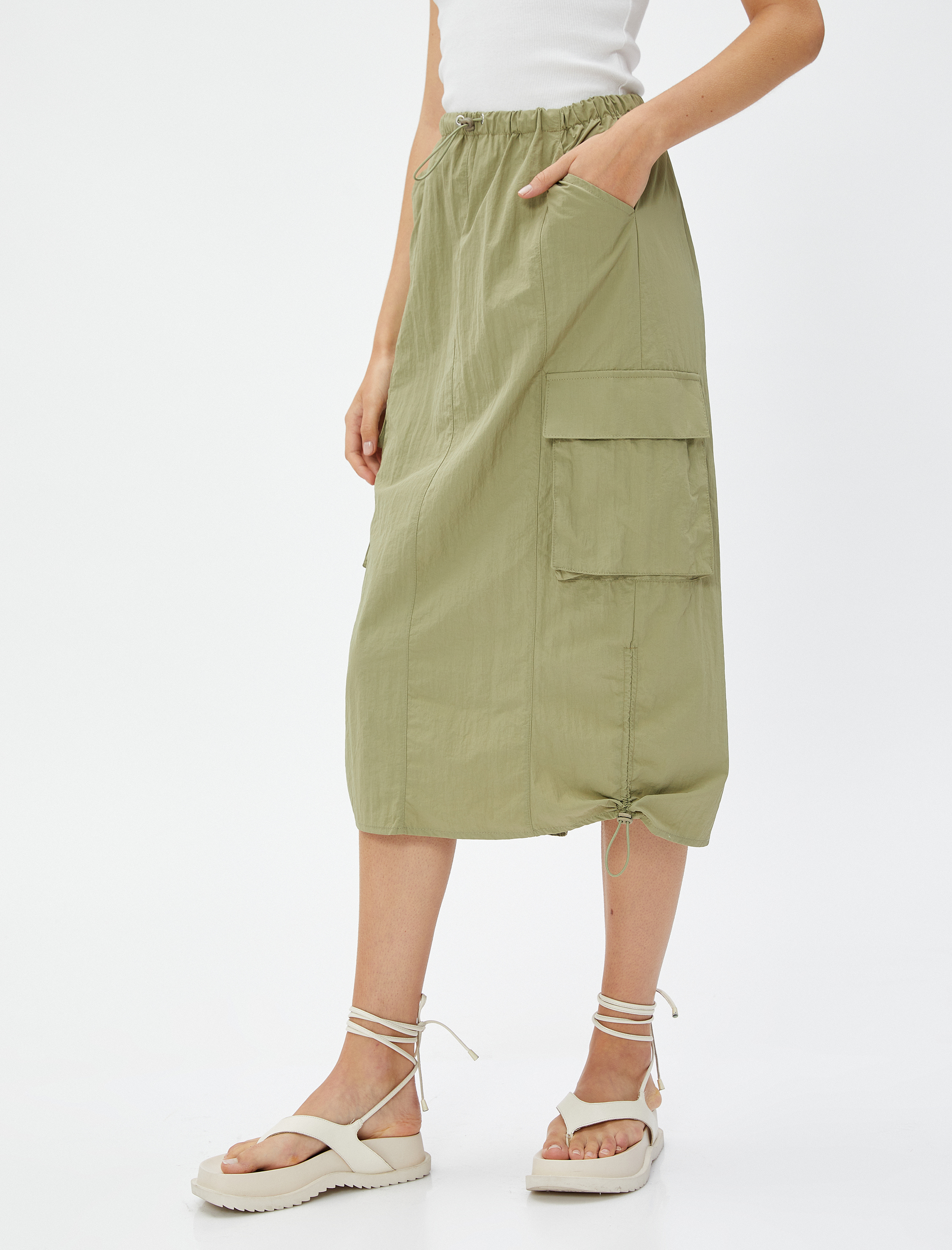   Paraşüt Etek Midi Büyük Cepli Stoper Detaylı