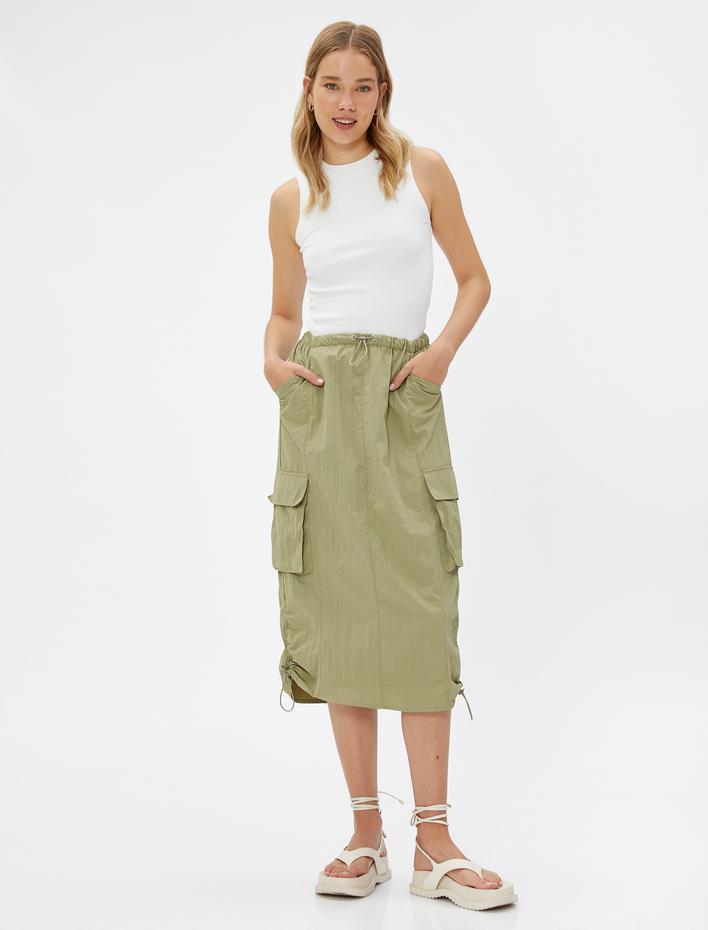  Paraşüt Etek Midi Büyük Cepli Stoper Detaylı