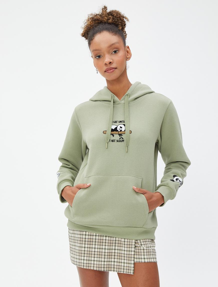   Kapüşonlu Sweatshirt Kanguru Cepli Panda Baskılı