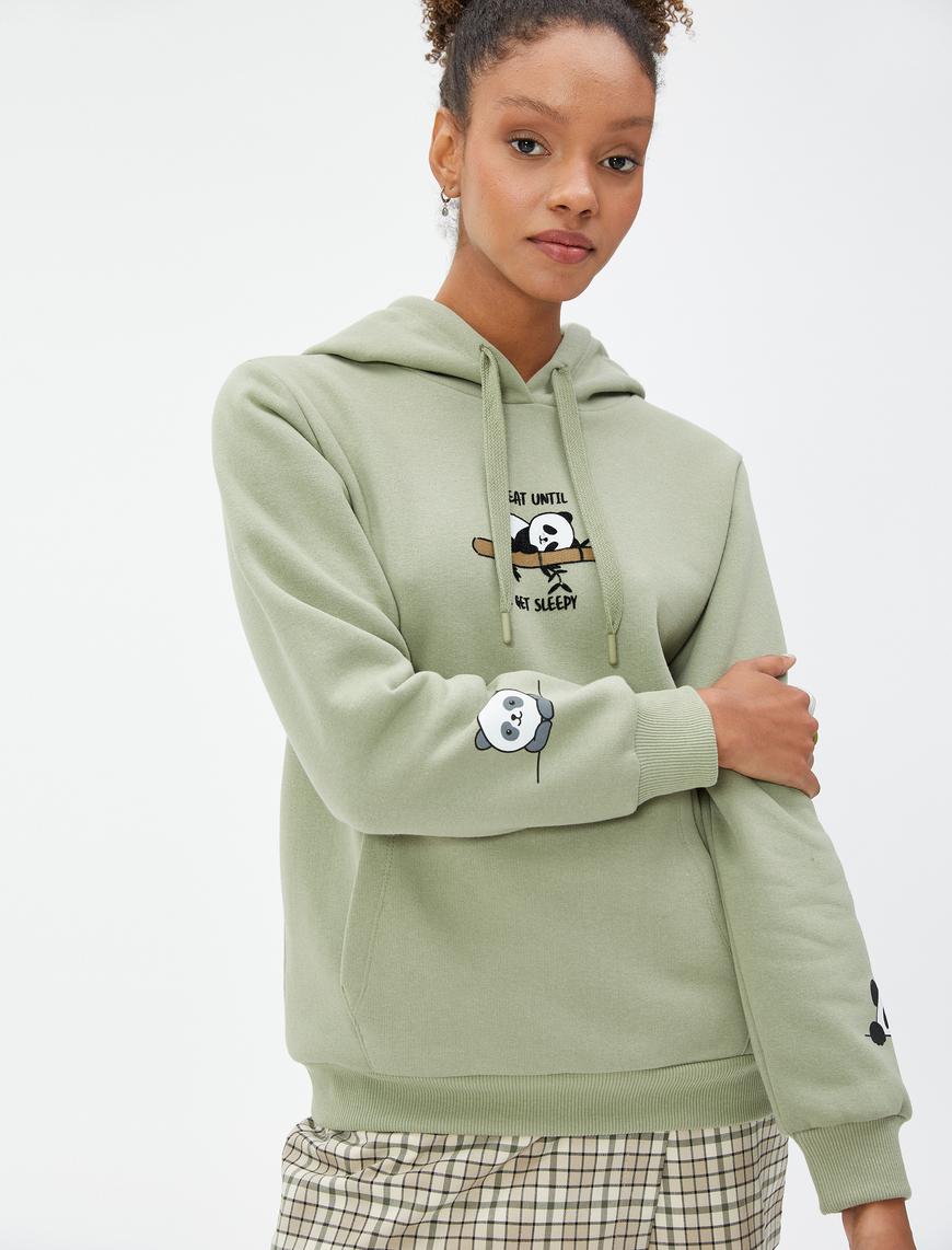   Kapüşonlu Sweatshirt Kanguru Cepli Panda Baskılı