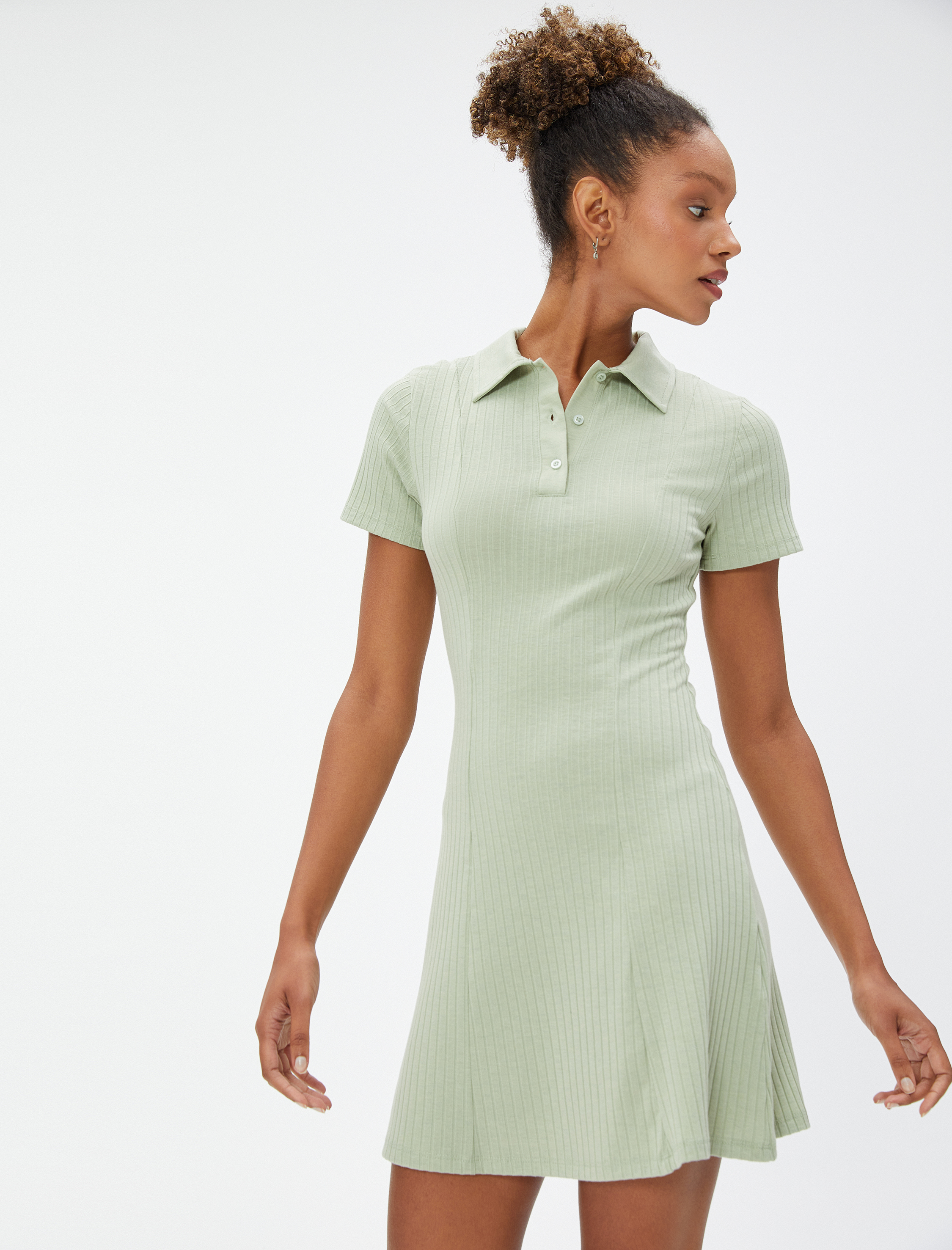   Mini Elbise Polo Yaka Kısa Kollu Düğmeli Fitilli