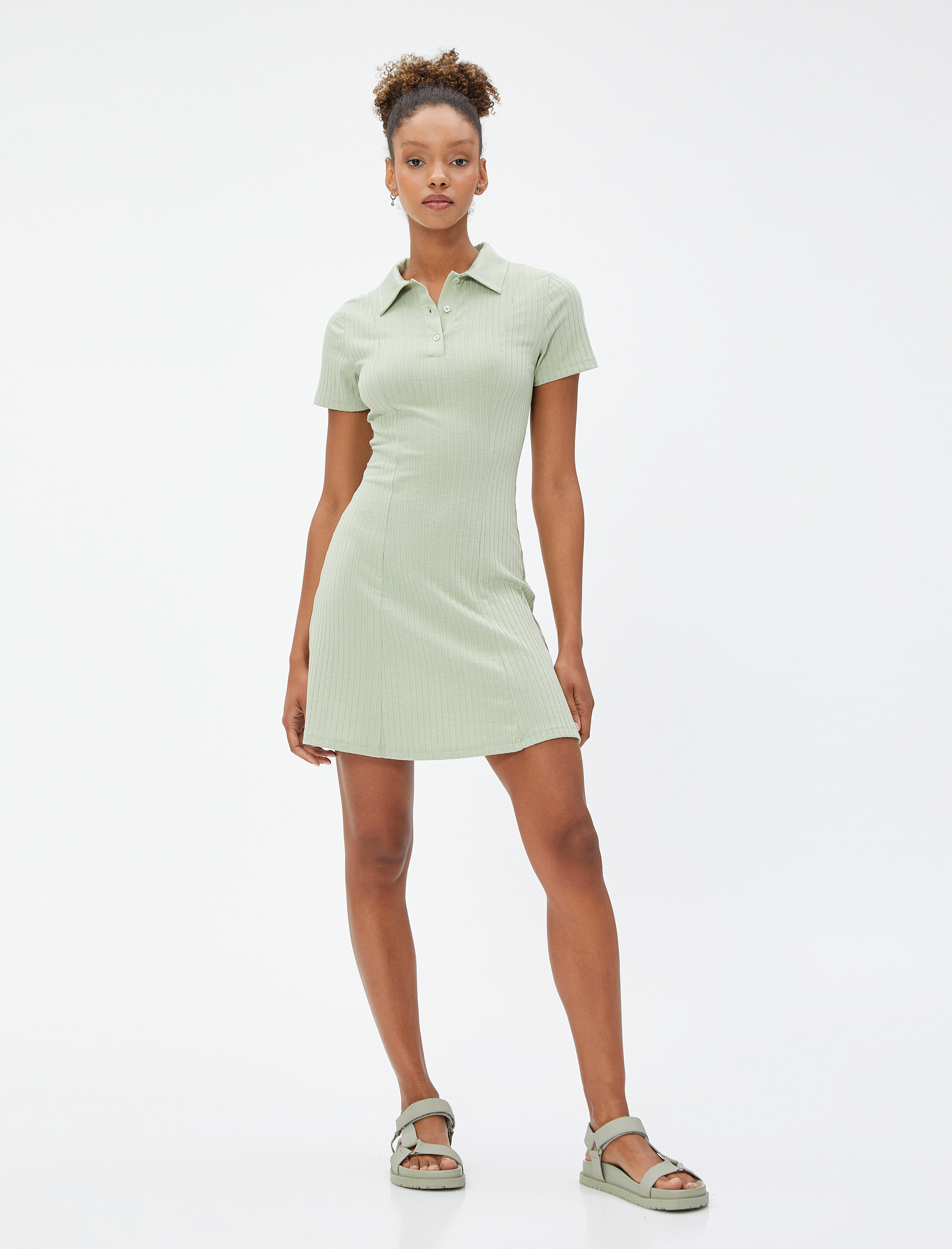   Mini Elbise Polo Yaka Kısa Kollu Düğmeli Fitilli