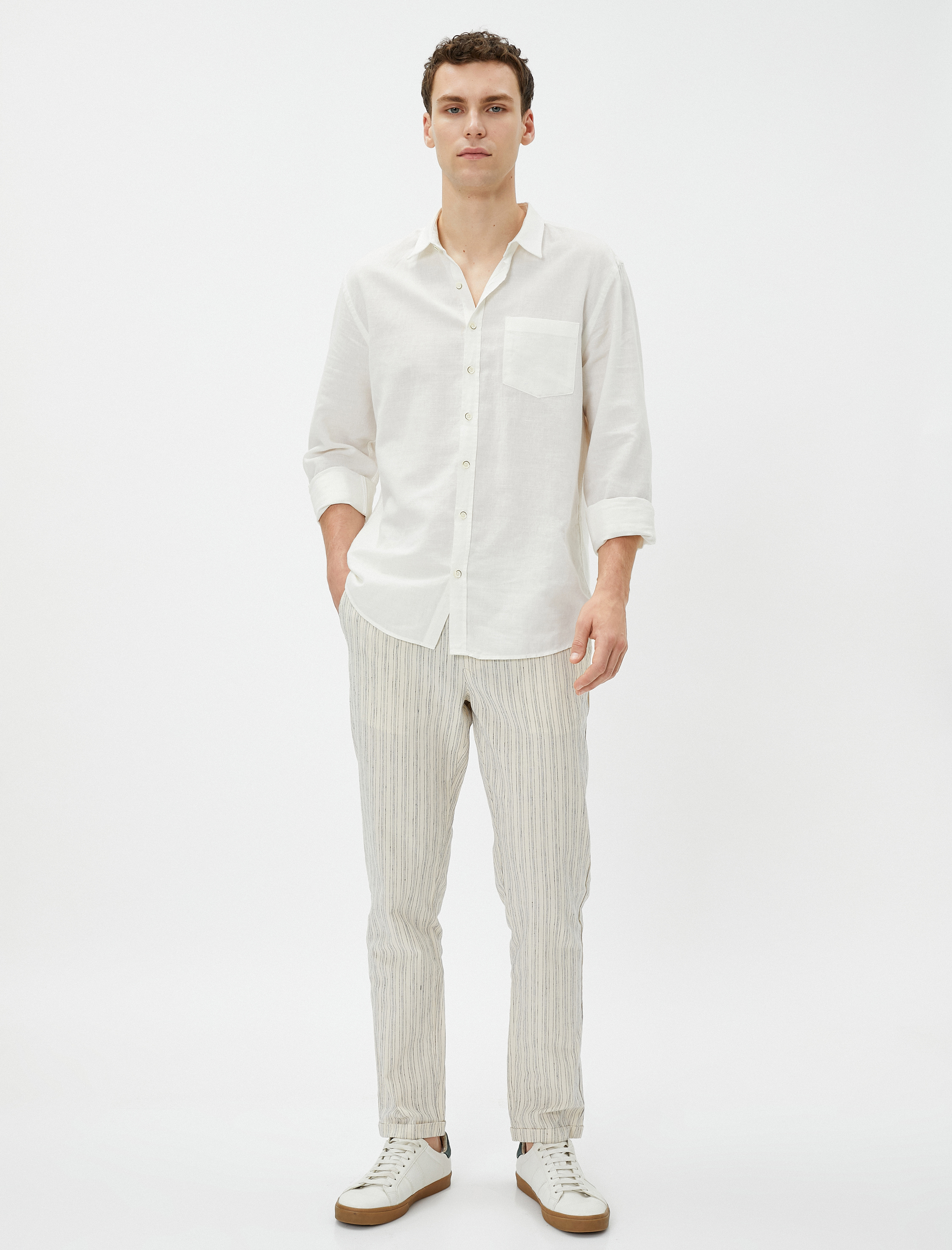   Keten Karışımlı Klasik Pantolon Beli Bağcıklı Cep Detaylı