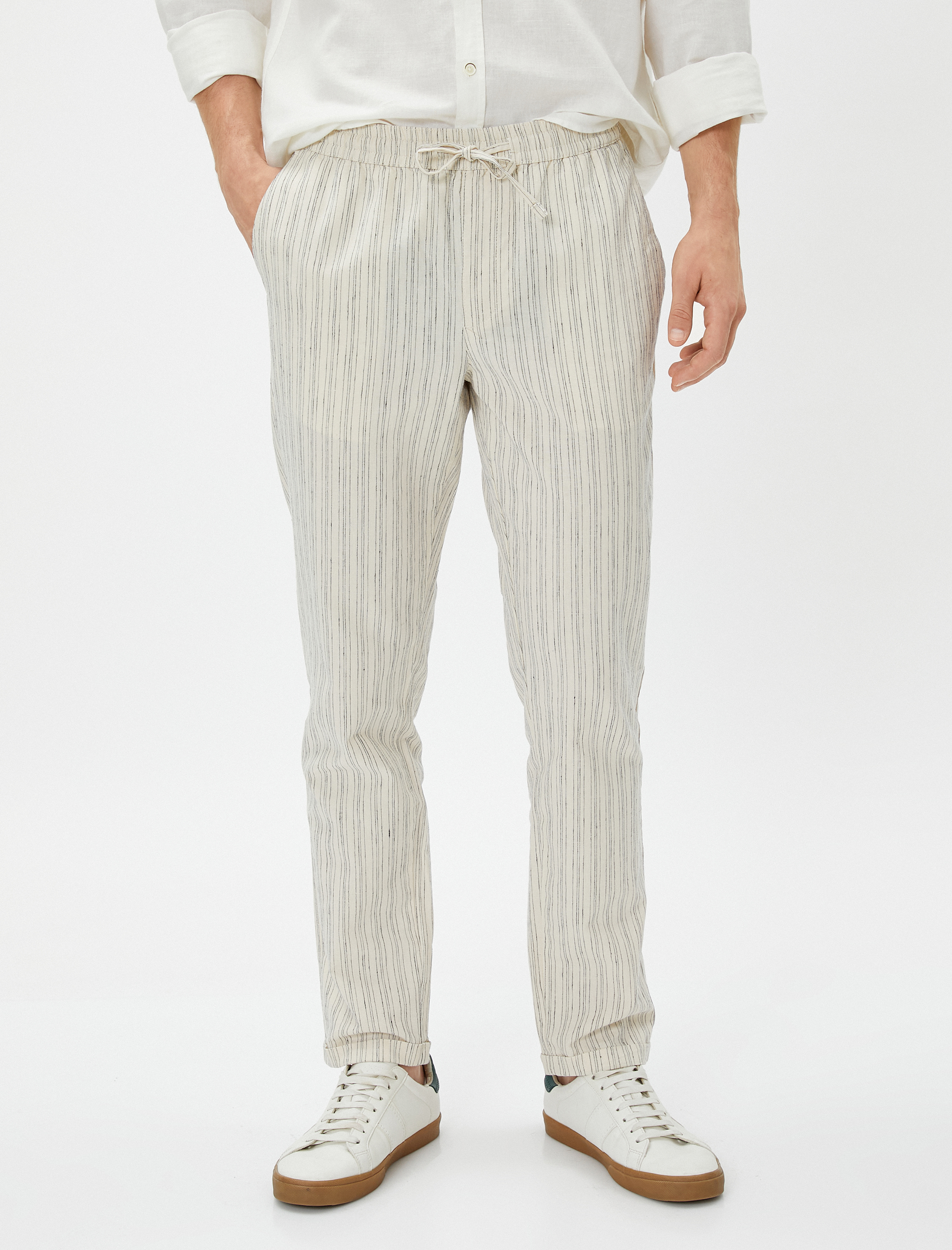   Keten Karışımlı Klasik Pantolon Beli Bağcıklı Cep Detaylı