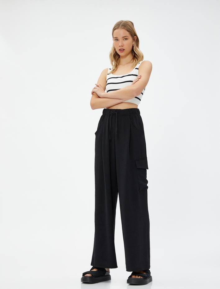  Kargo Pantolon Beli Lastikli Geniş Paça Cepli Dokulu