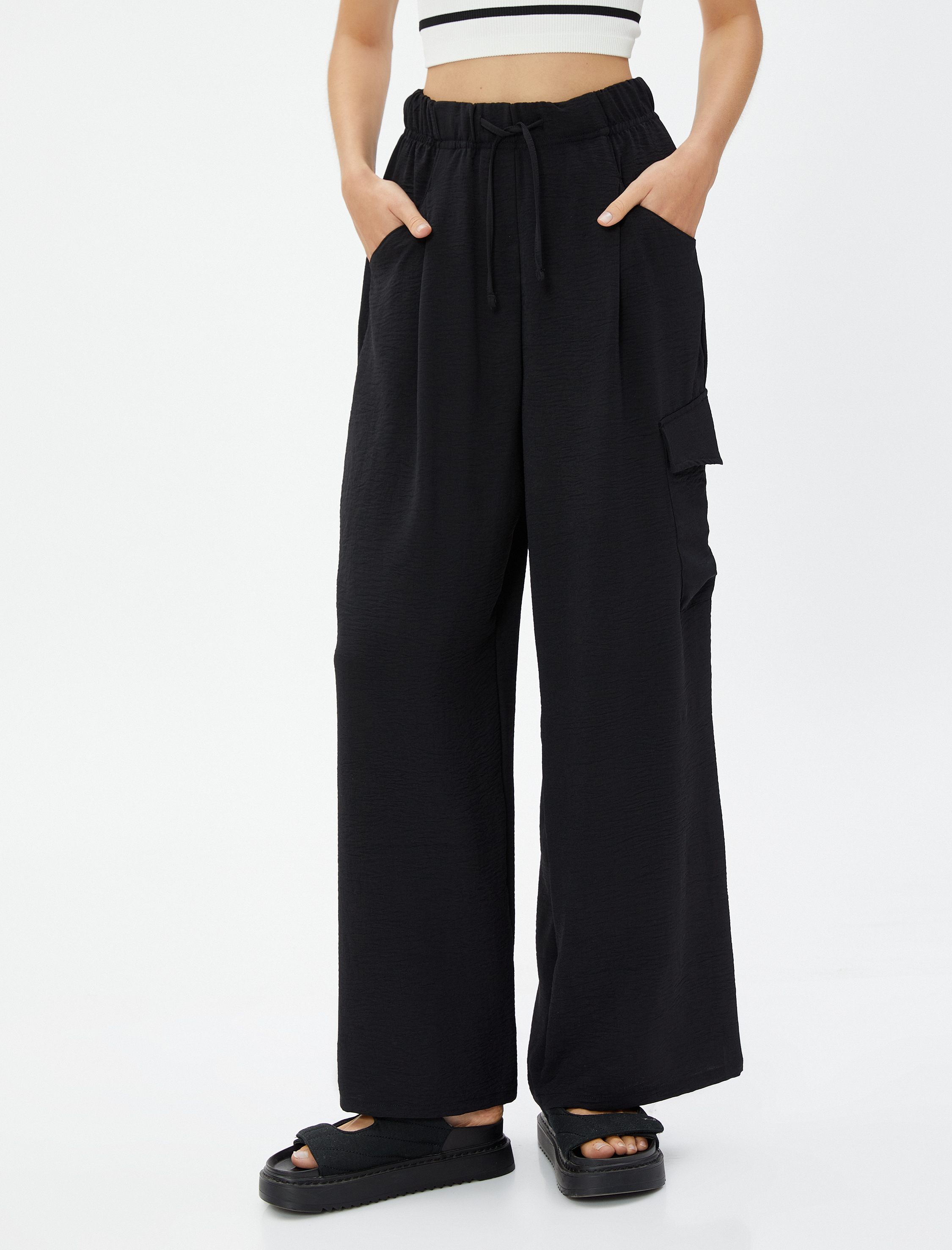   Kargo Pantolon Beli Lastikli Geniş Paça Cepli Dokulu