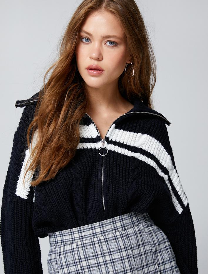  Fermuarlı Hırka Saç Örgüsü Motifli Dik Yaka