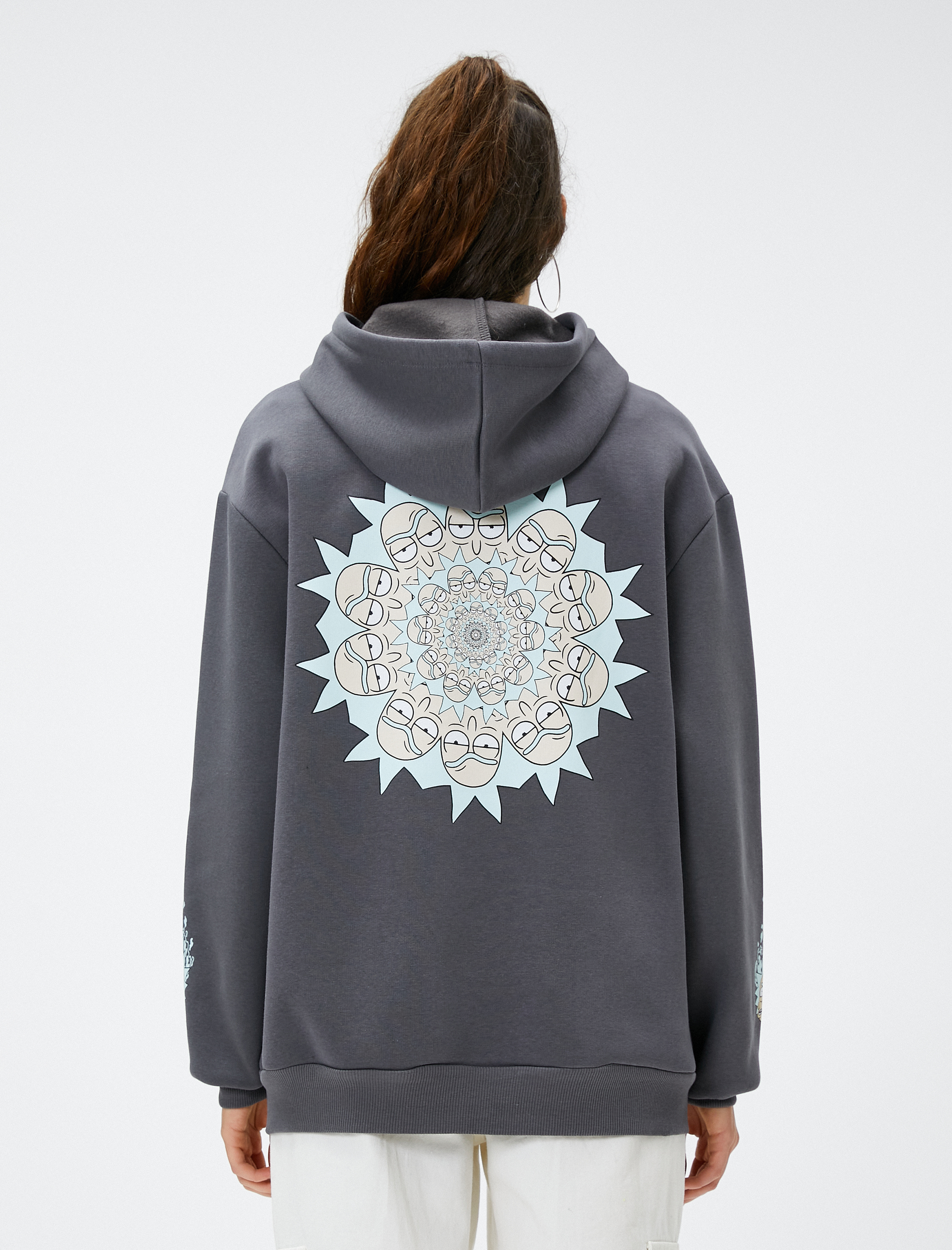   Şardonlu Rick and Morty Sweatshirt Oversize Sırt Baskılı Kapüşonlu Lisanslı