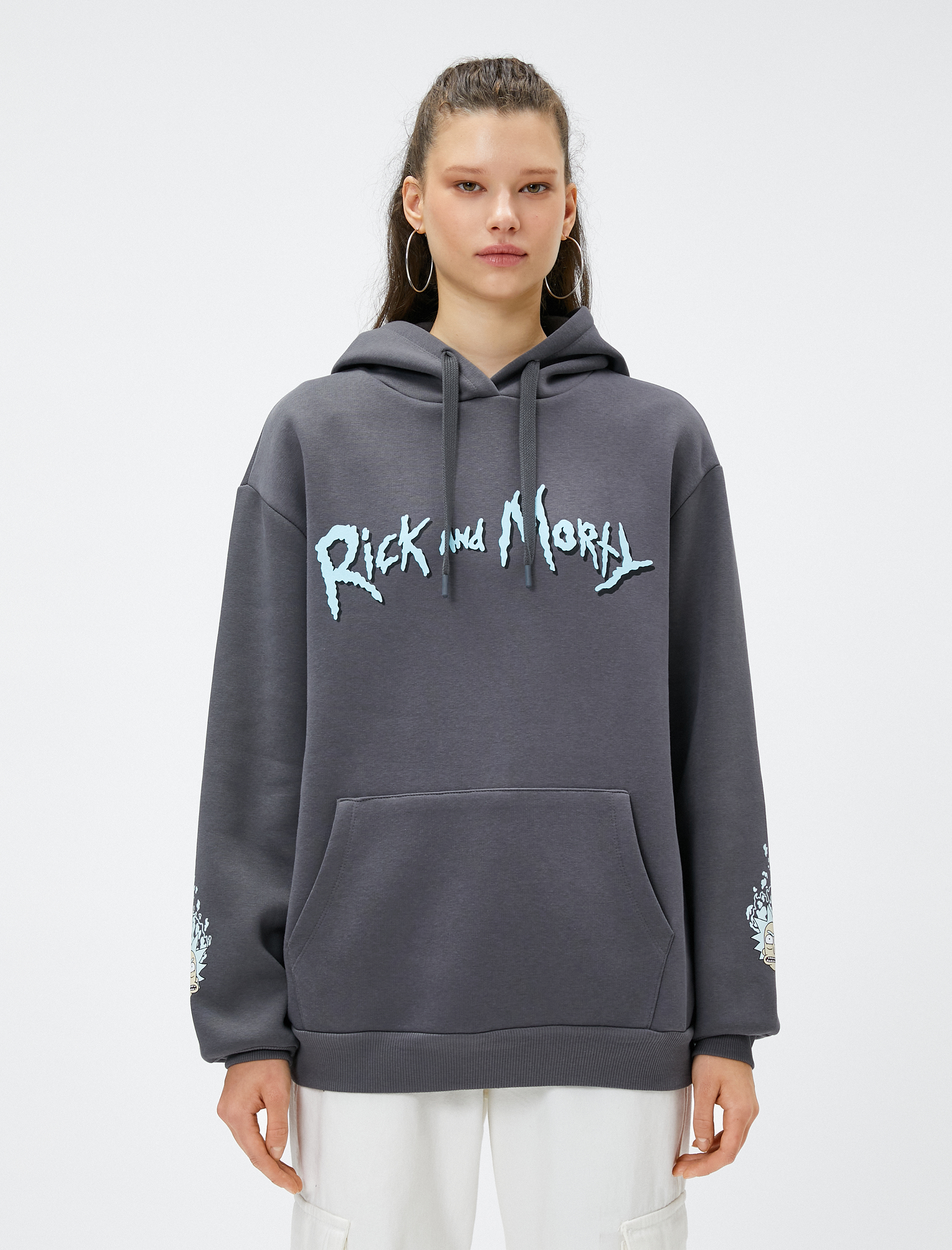   Şardonlu Rick and Morty Sweatshirt Oversize Sırt Baskılı Kapüşonlu Lisanslı