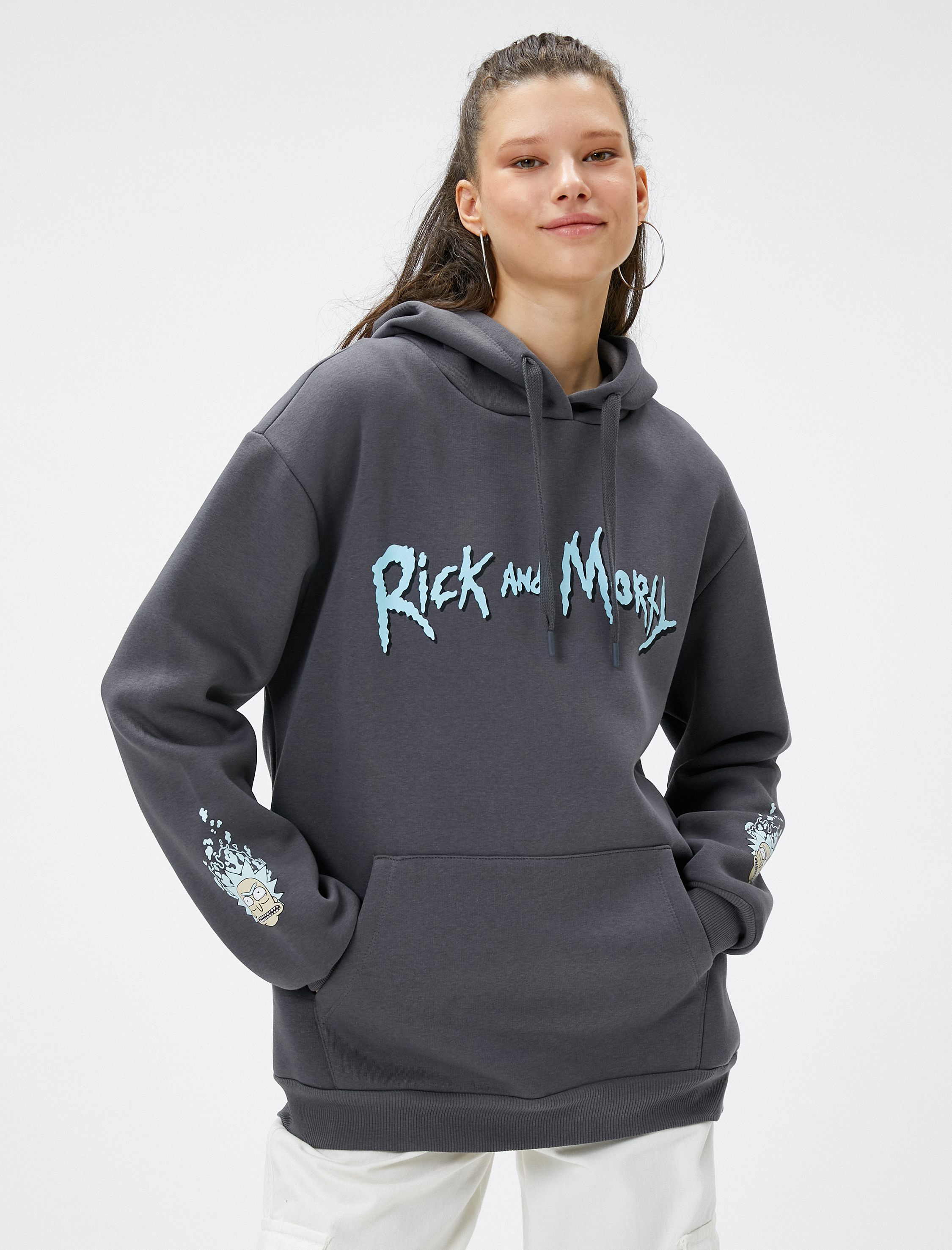   Şardonlu Rick and Morty Sweatshirt Oversize Sırt Baskılı Kapüşonlu Lisanslı