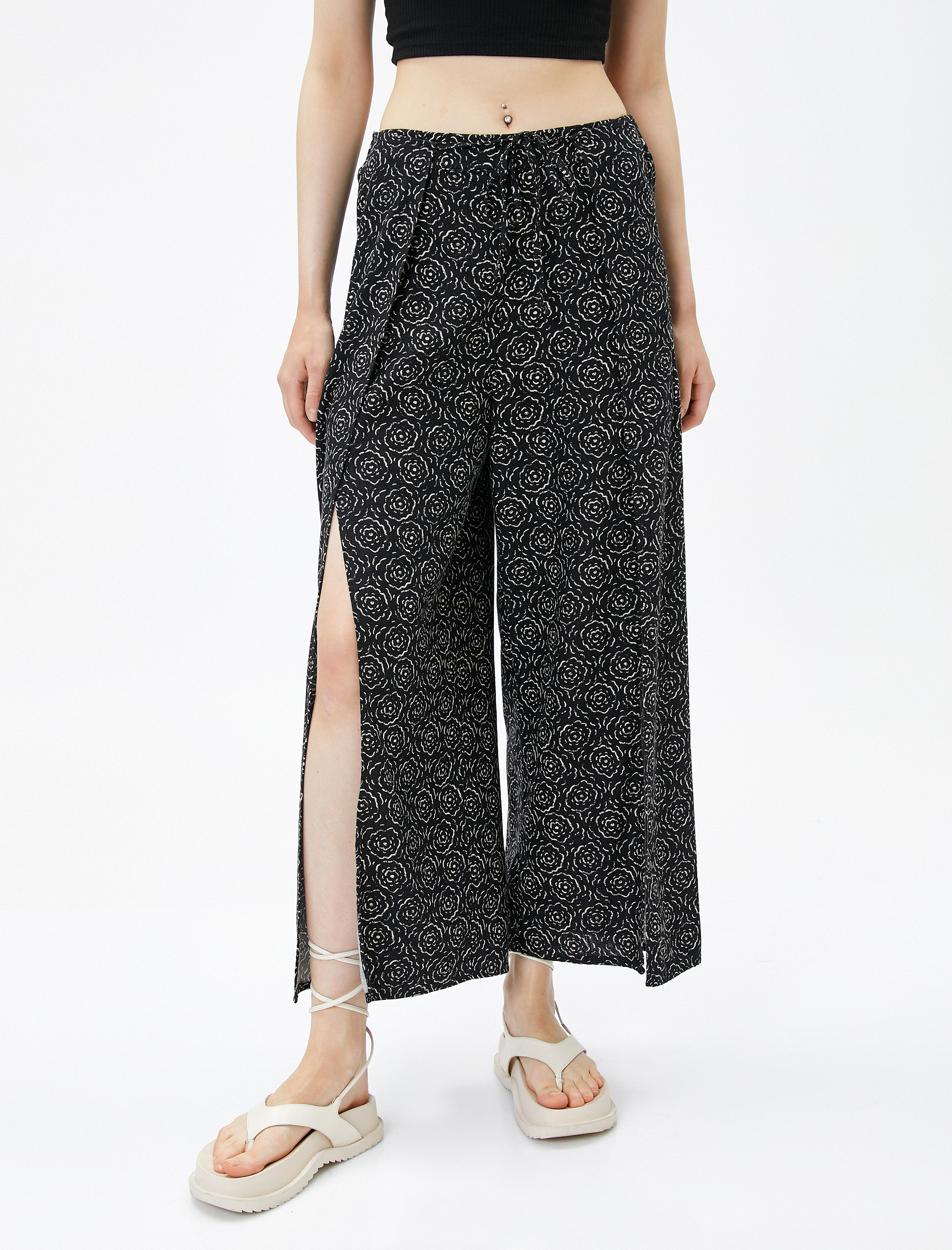   Bol Paça Pantolon Yırtmaçlı Bağlama Detaylı Keten Karışımlı