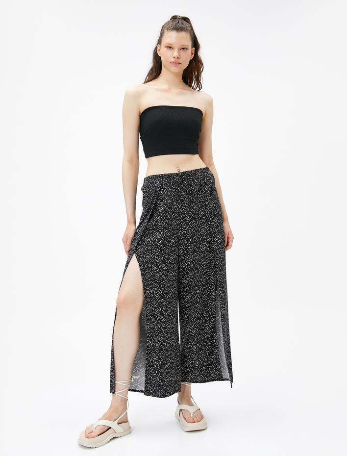  Bol Paça Pantolon Yırtmaçlı Bağlama Detaylı Keten Karışımlı