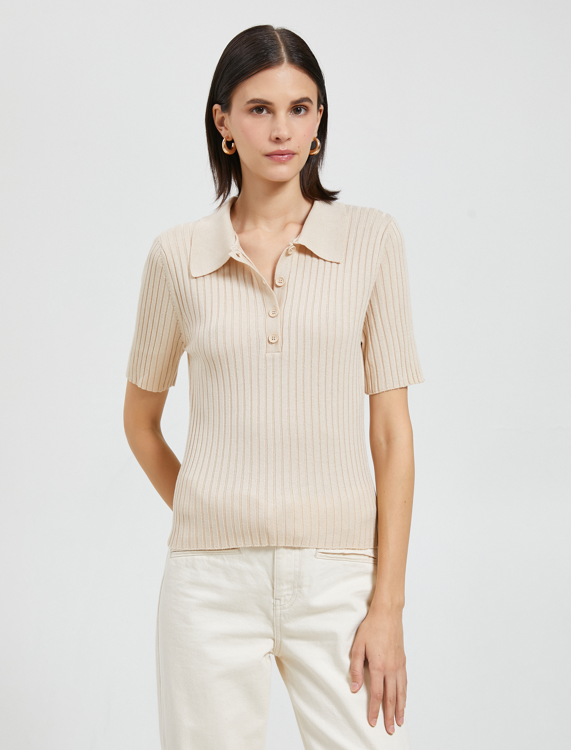   Polo Yaka Triko Kazak Düğmeli Kısa Kollu Kaşmir Dokulu