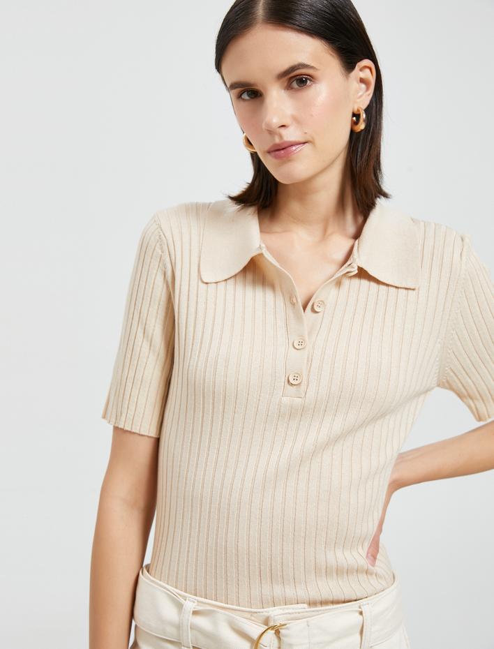  Polo Yaka Triko Kazak Düğmeli Kısa Kollu Kaşmir Dokulu