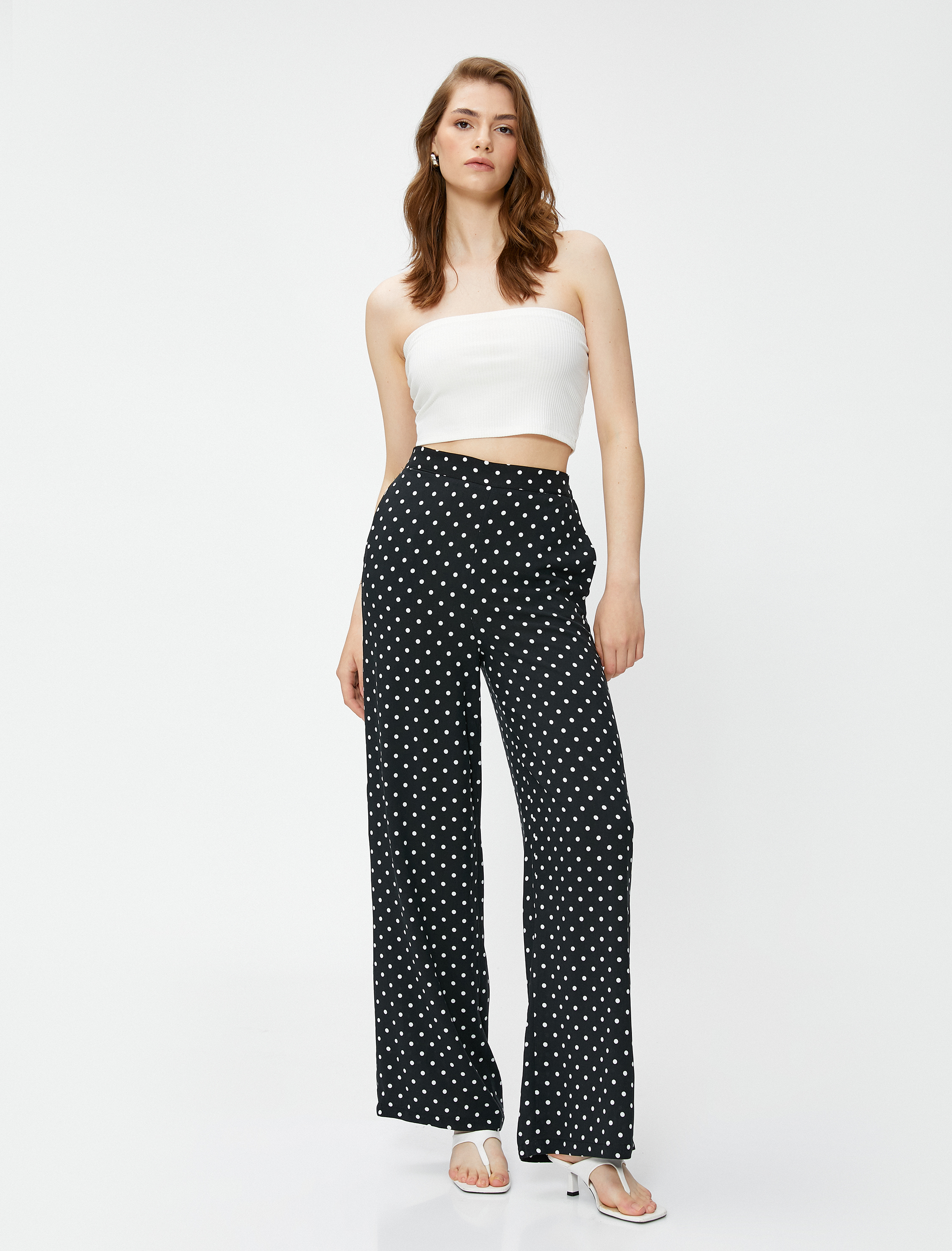   Puantiyeli Bol Paça Pantolon Cepli Viskon