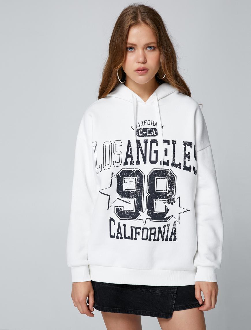   Şardonlu Kolej Oversize Sweatshirt Kapüşonlu Baskılı Uzun Kollu