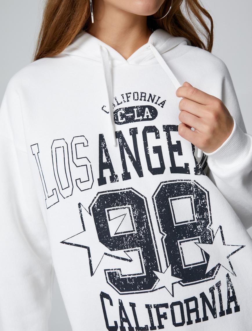   Şardonlu Kolej Oversize Sweatshirt Kapüşonlu Baskılı Uzun Kollu