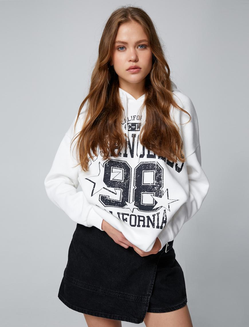   Şardonlu Kolej Oversize Sweatshirt Kapüşonlu Baskılı Uzun Kollu