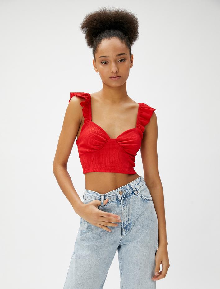  Crop Üst Fırfırlı Kalp Yaka Dokulu Askılı Bürümcük