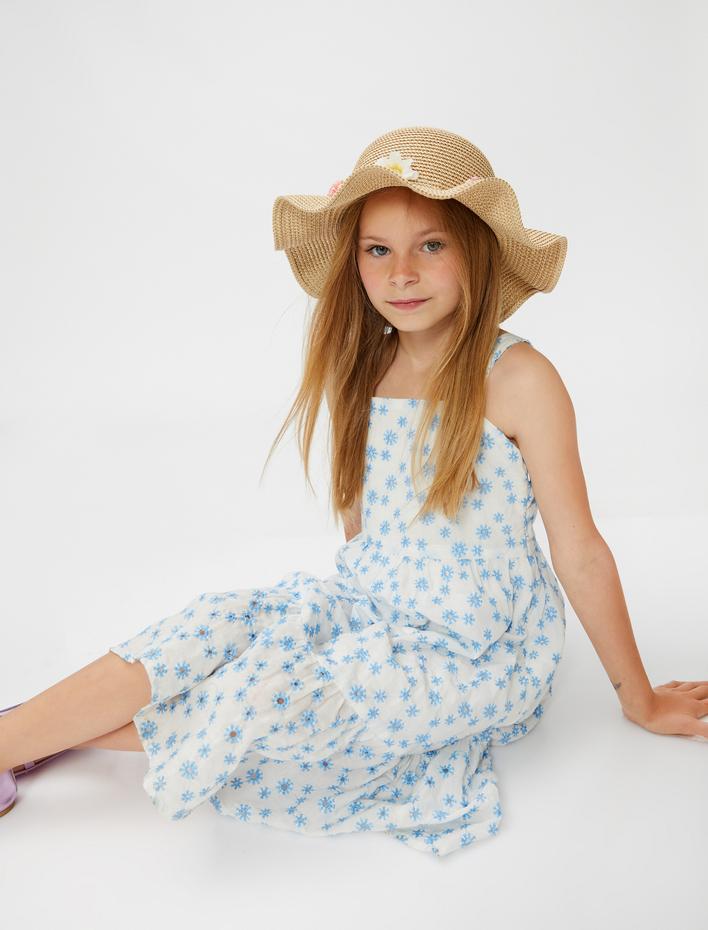 Kız Çocuk Elbise Kalın Askılı Çiçek İşlemeli Brodeli Pamuklu Astarlı