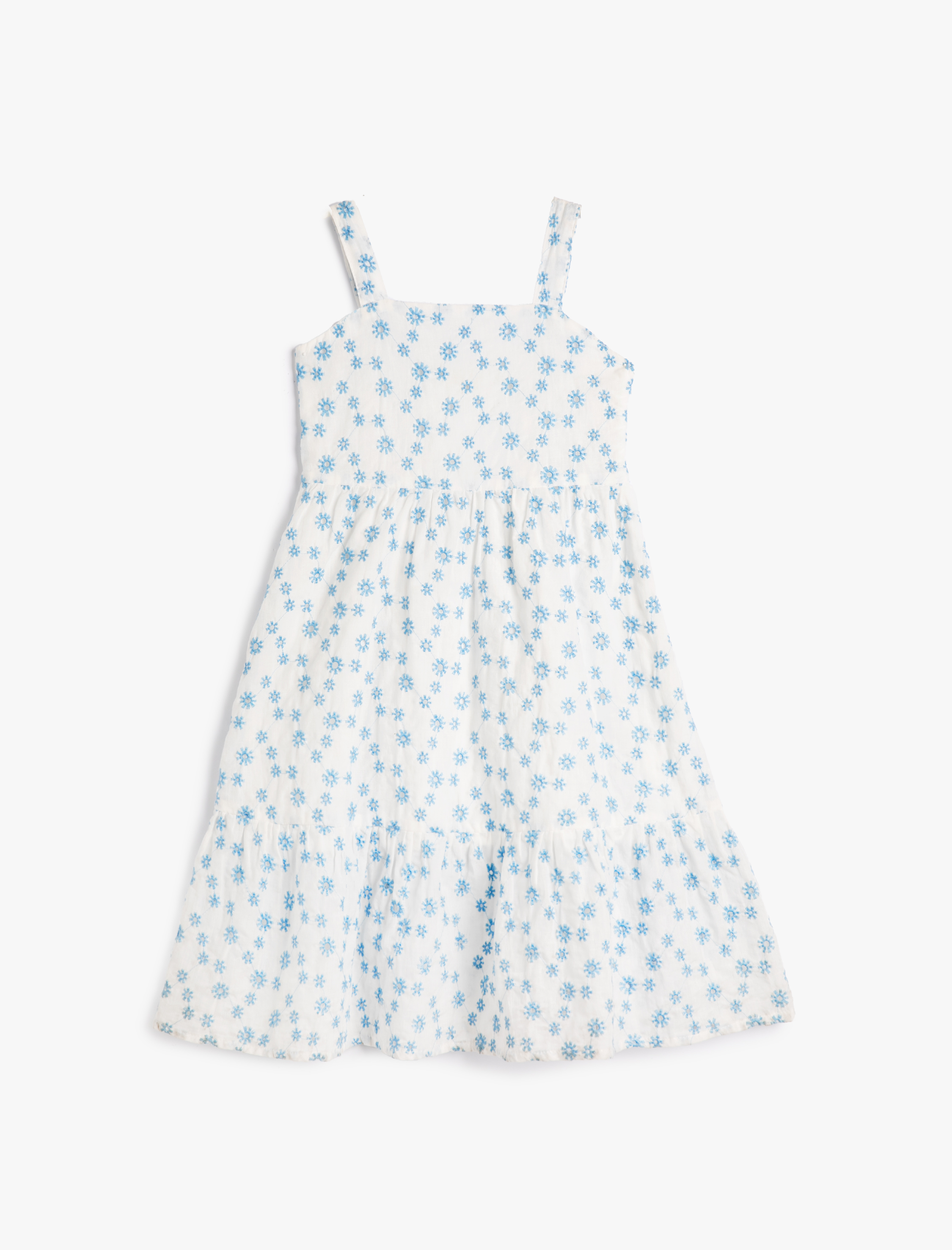  Kız Çocuk Elbise Kalın Askılı Çiçek İşlemeli Brodeli Pamuklu Astarlı