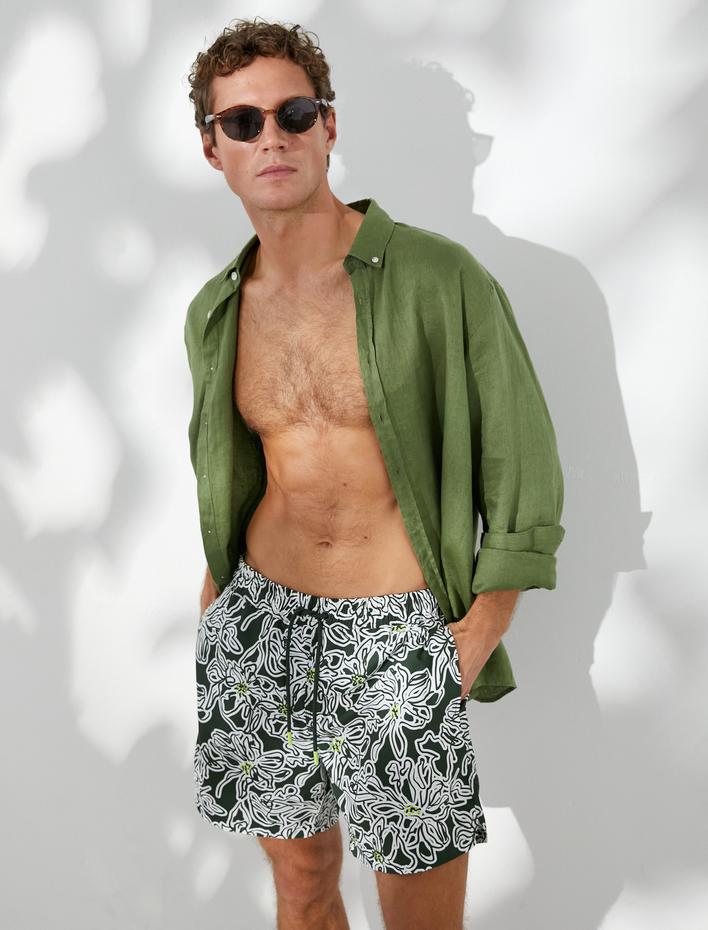  Deniz Şortu Çiçekli Beli Bağcıklı Cepli