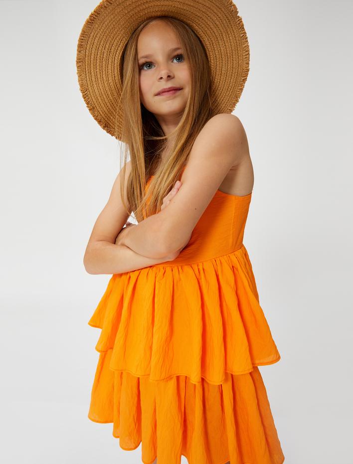 Kız Çocuk Mini Elbise İnce Askılı Katlı Viskon Kumaş