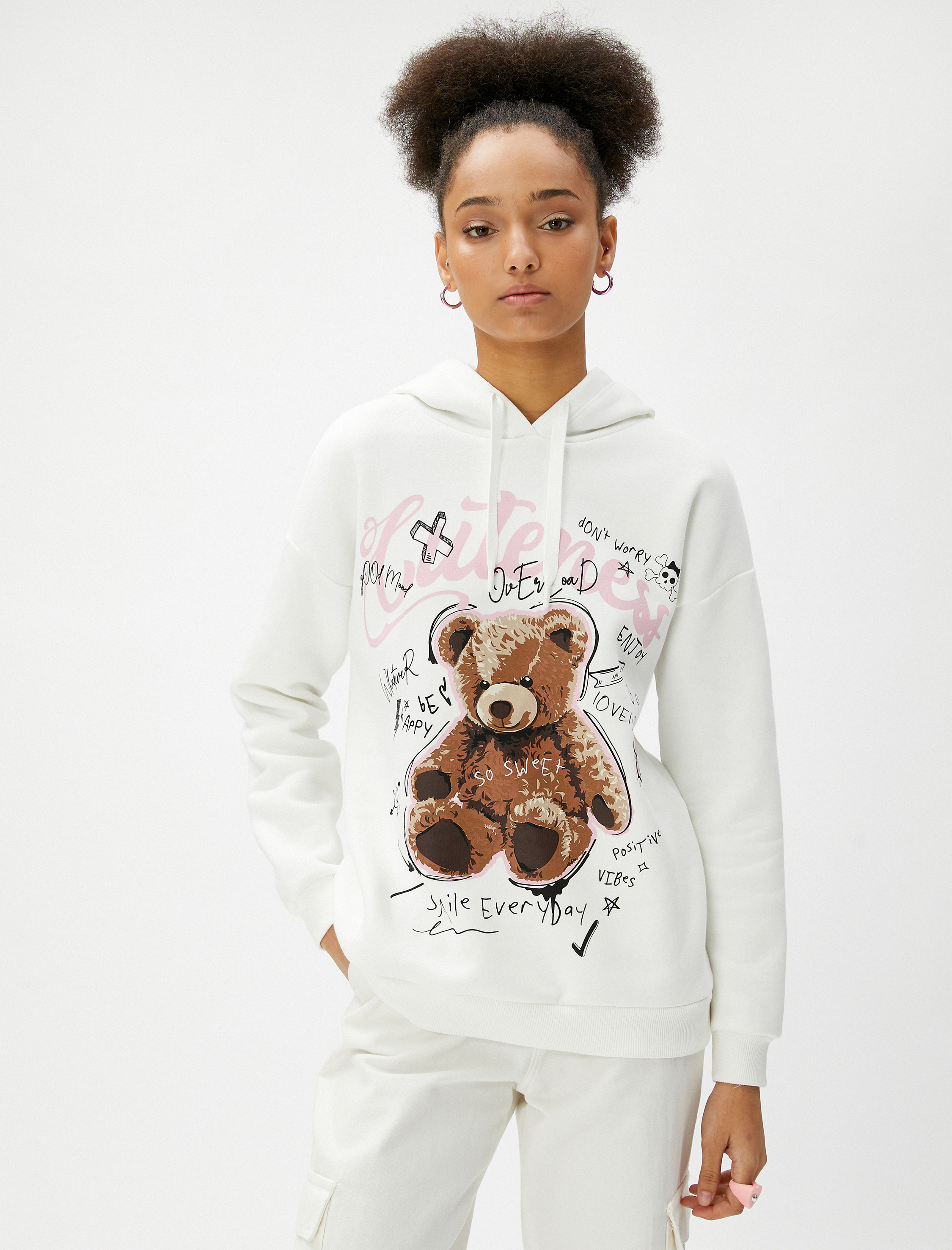   Şardonlu Kapüşonlu Sweatshirt Baskılı Uzun Kollu Ribanalı