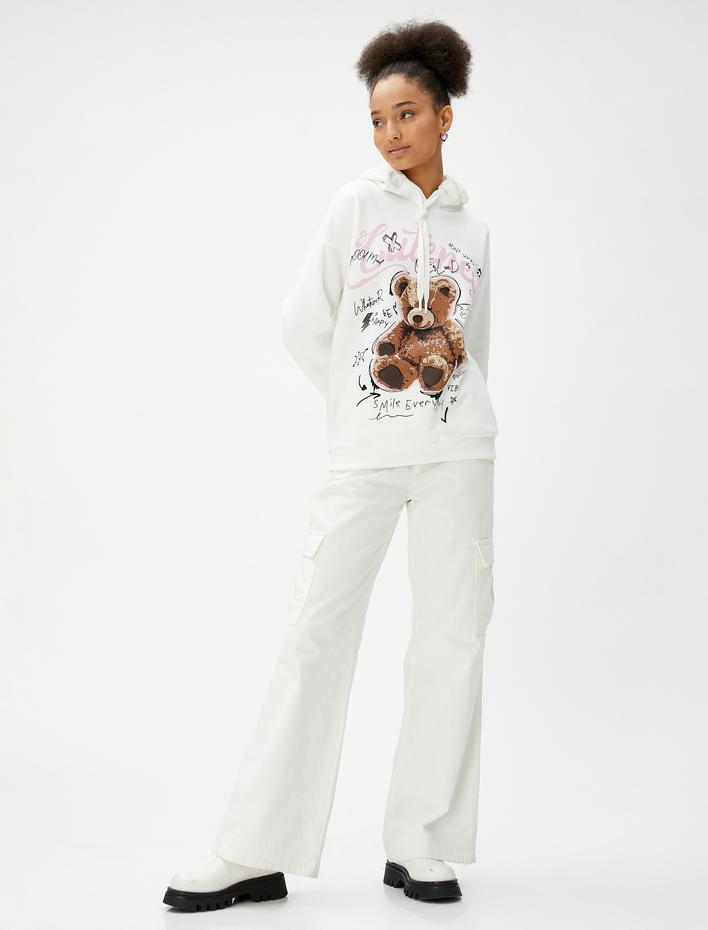  Şardonlu Kapüşonlu Sweatshirt Baskılı Uzun Kollu Ribanalı