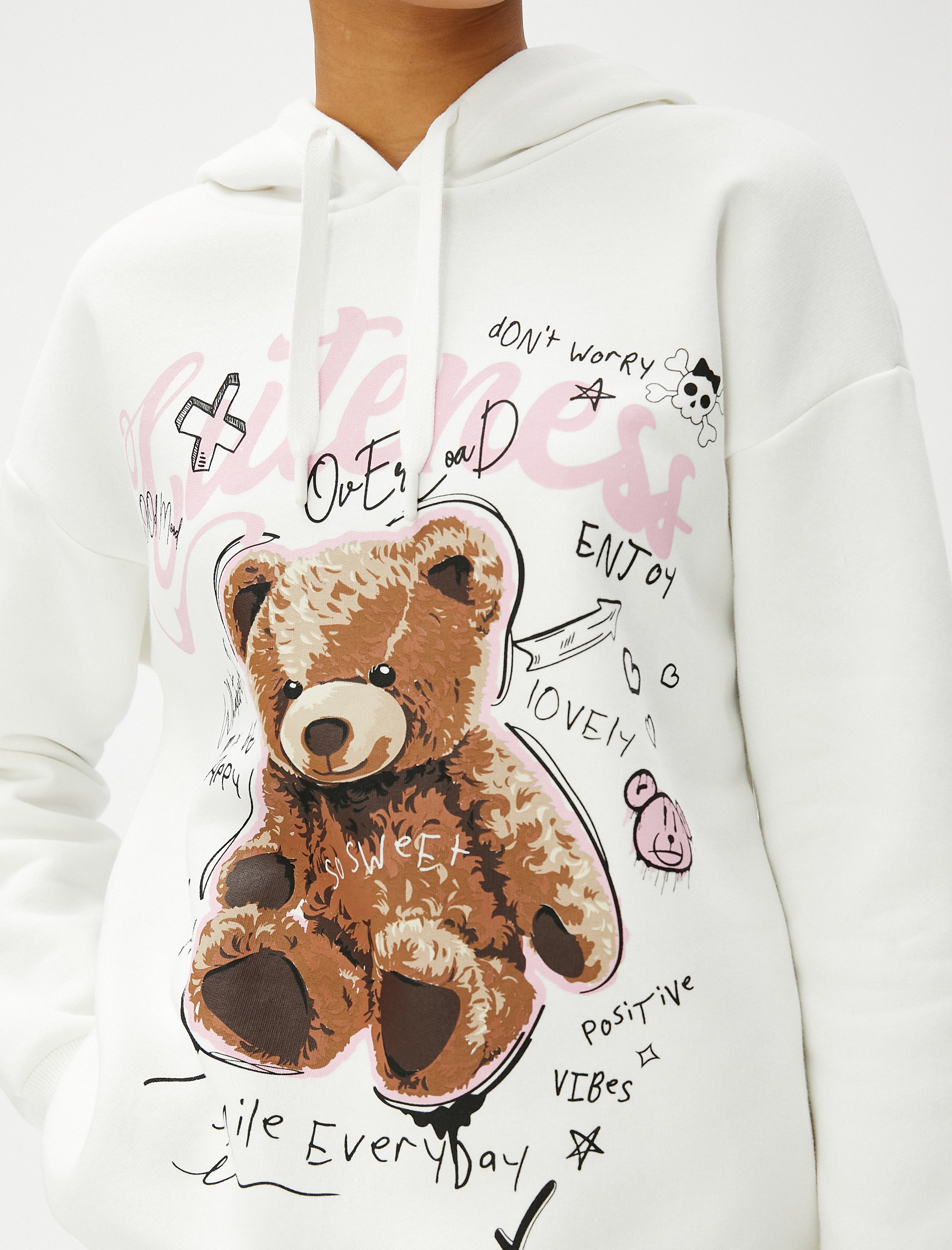   Şardonlu Kapüşonlu Sweatshirt Baskılı Uzun Kollu Ribanalı